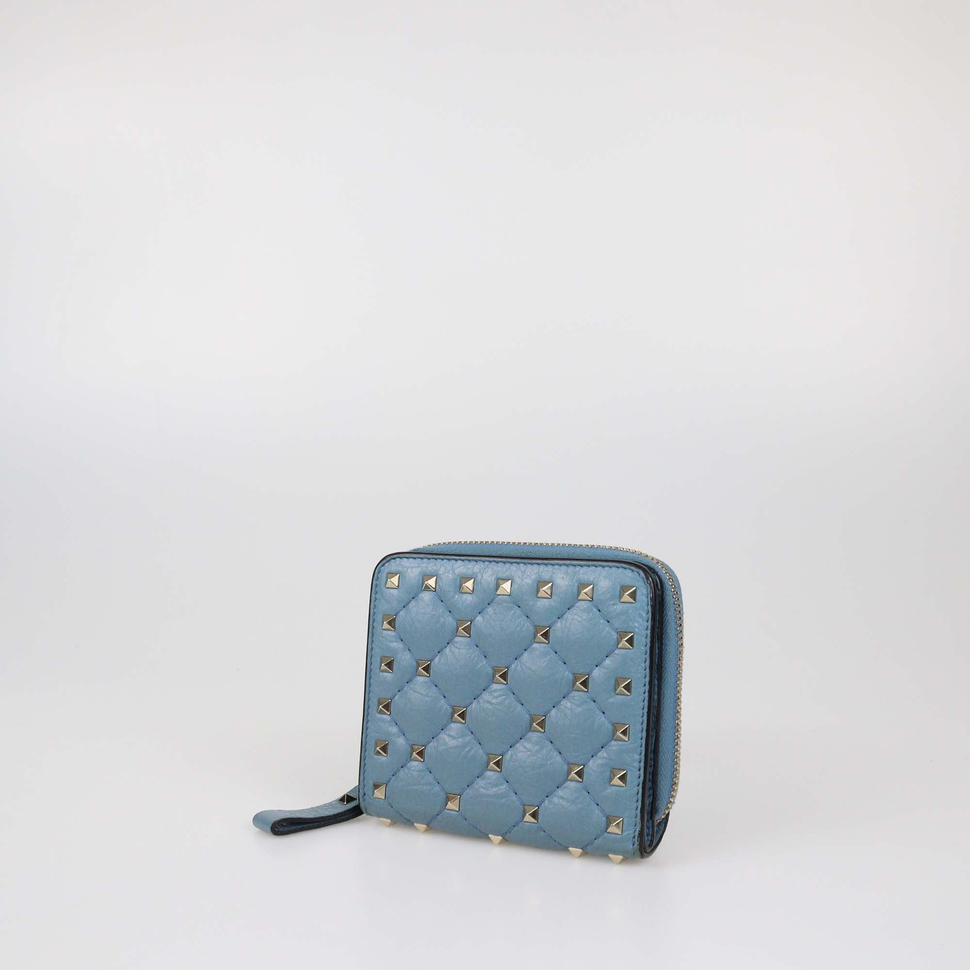 Valentino Light Blue Quilted Rockstud Compact Zip Around Wallet