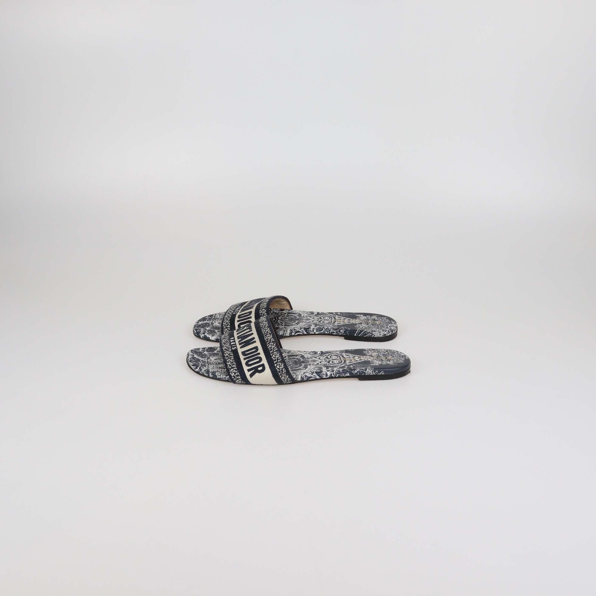 Christian Dior Navy Blue/White Embroidered Canvas Dway Flat Slides