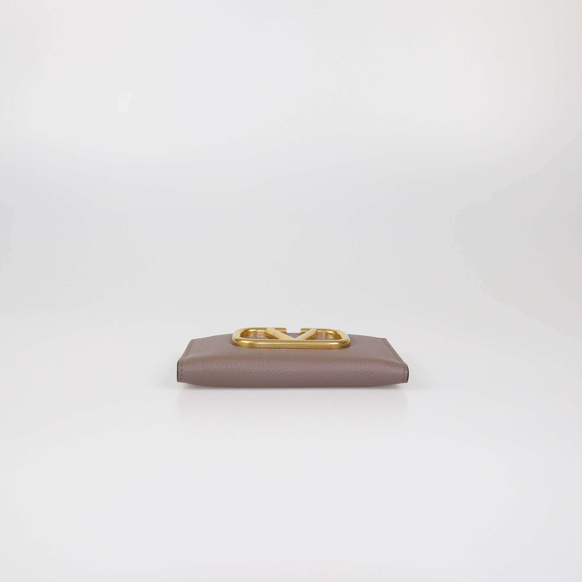 Valentino Dark Beige Leather VLogo Compact Wallet