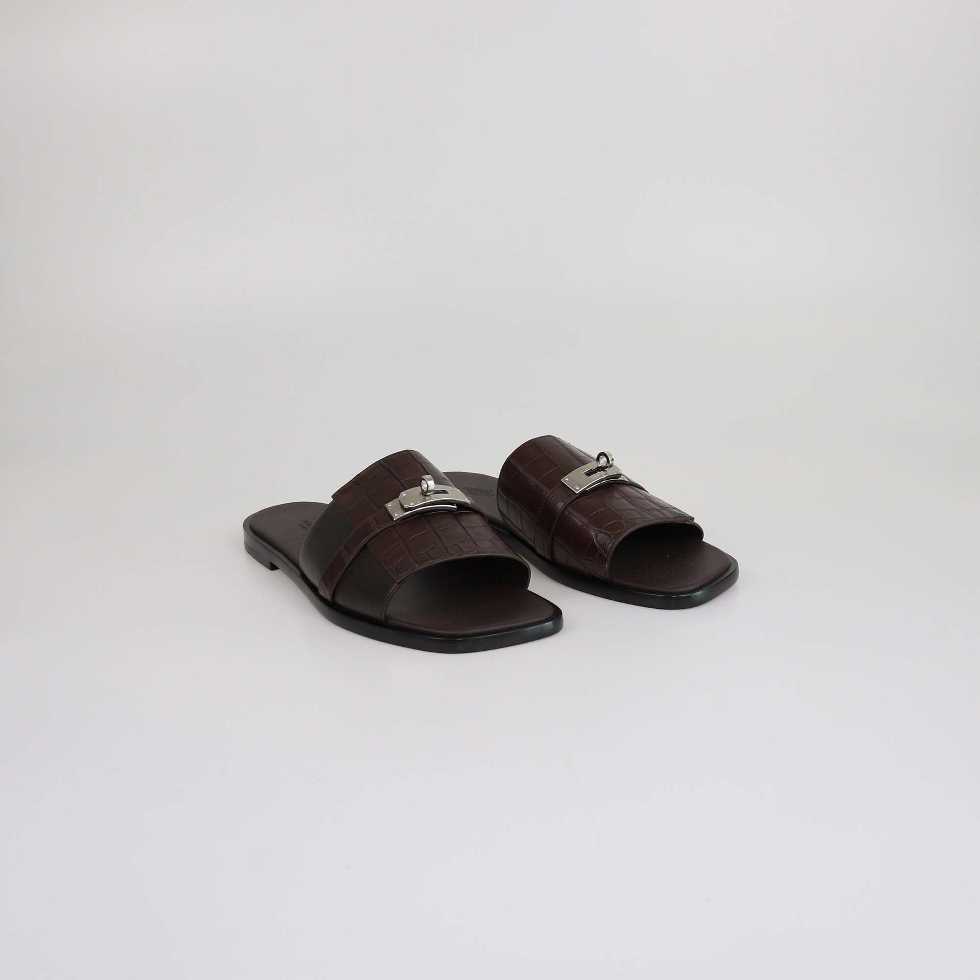 Hermes Dark Brown/Noir Alligator Gabriel Sandals Mens Hermes 