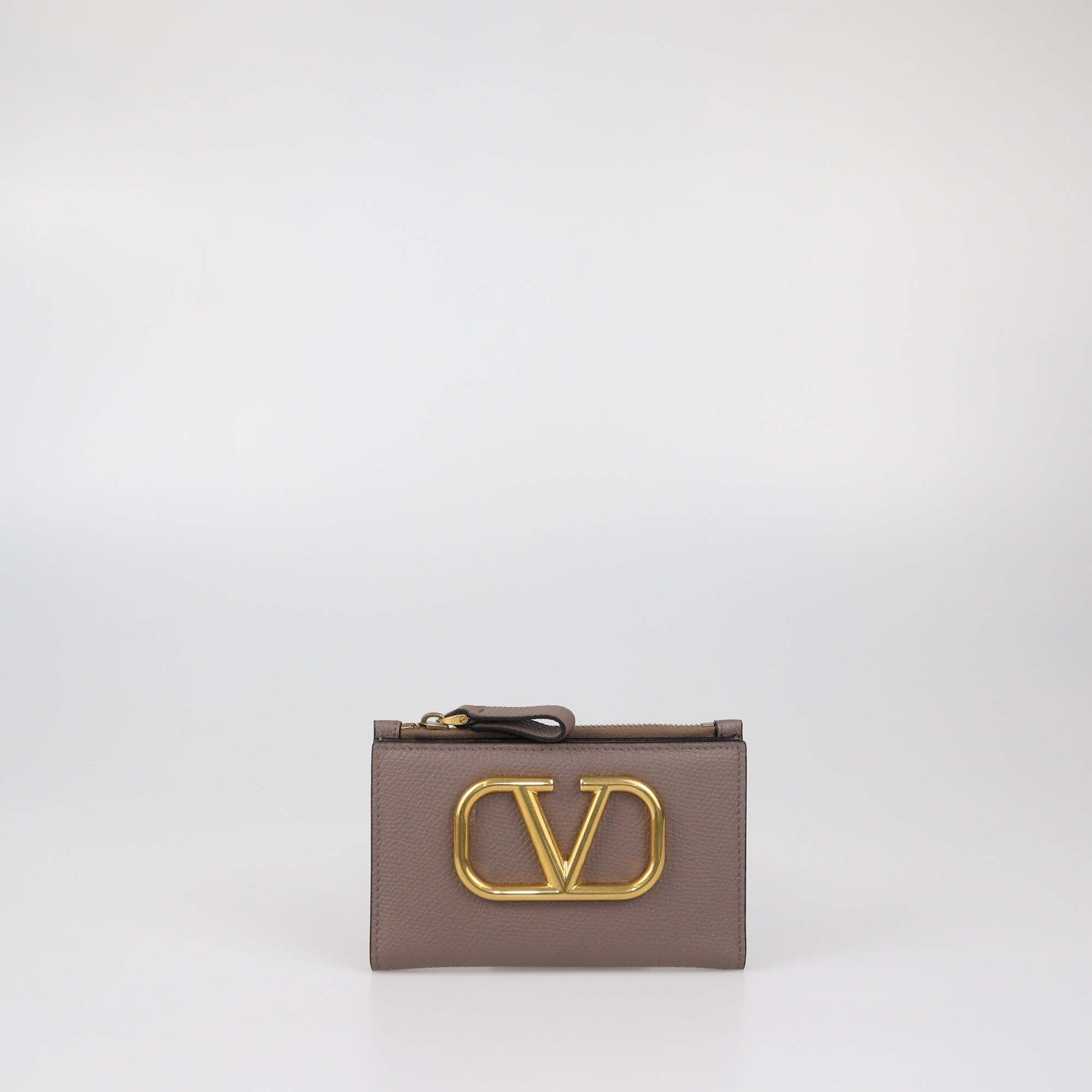 Valentino Dark Beige Leather VLogo Compact Wallet