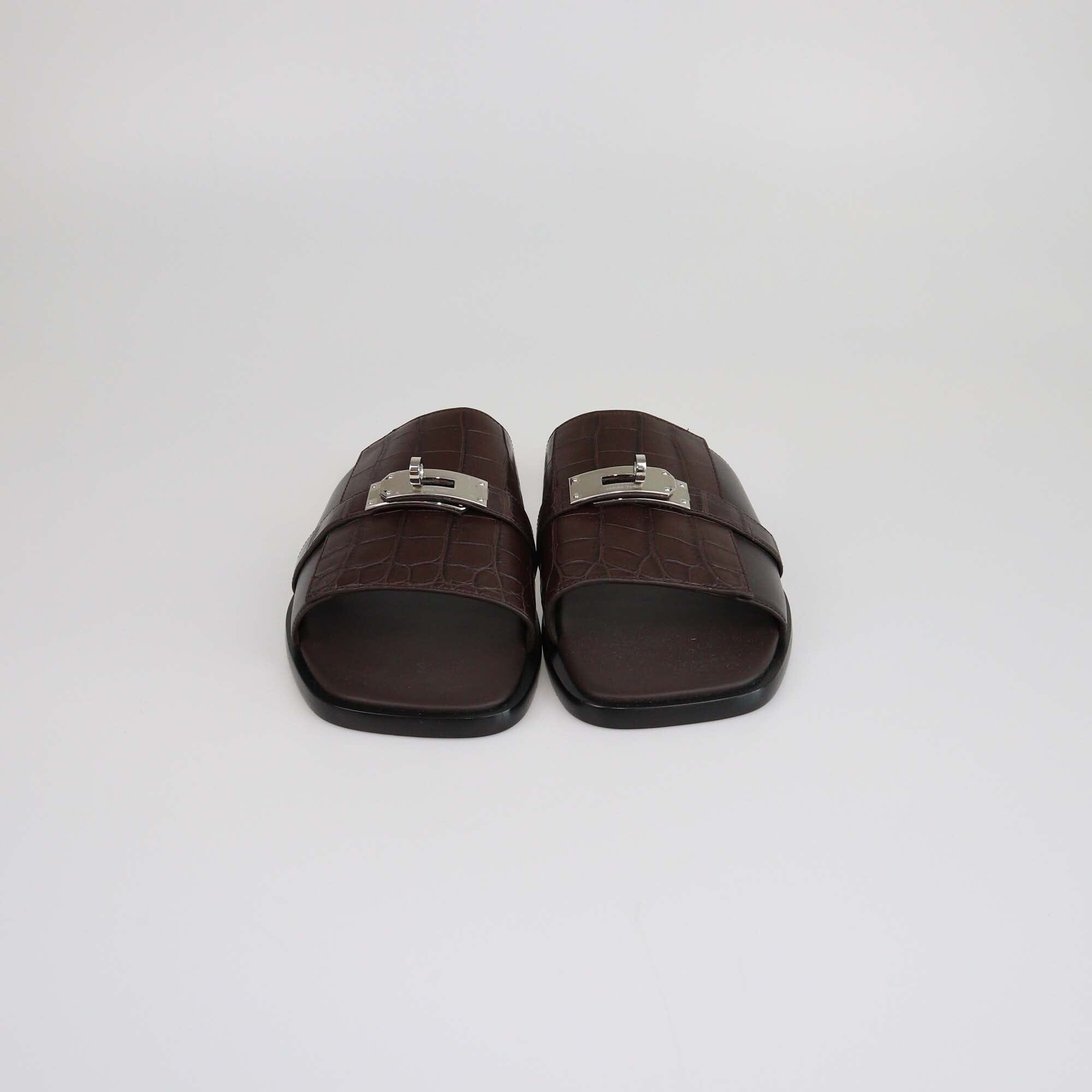 Hermes Dark Brown/Noir Alligator Gabriel Sandals Mens Hermes 