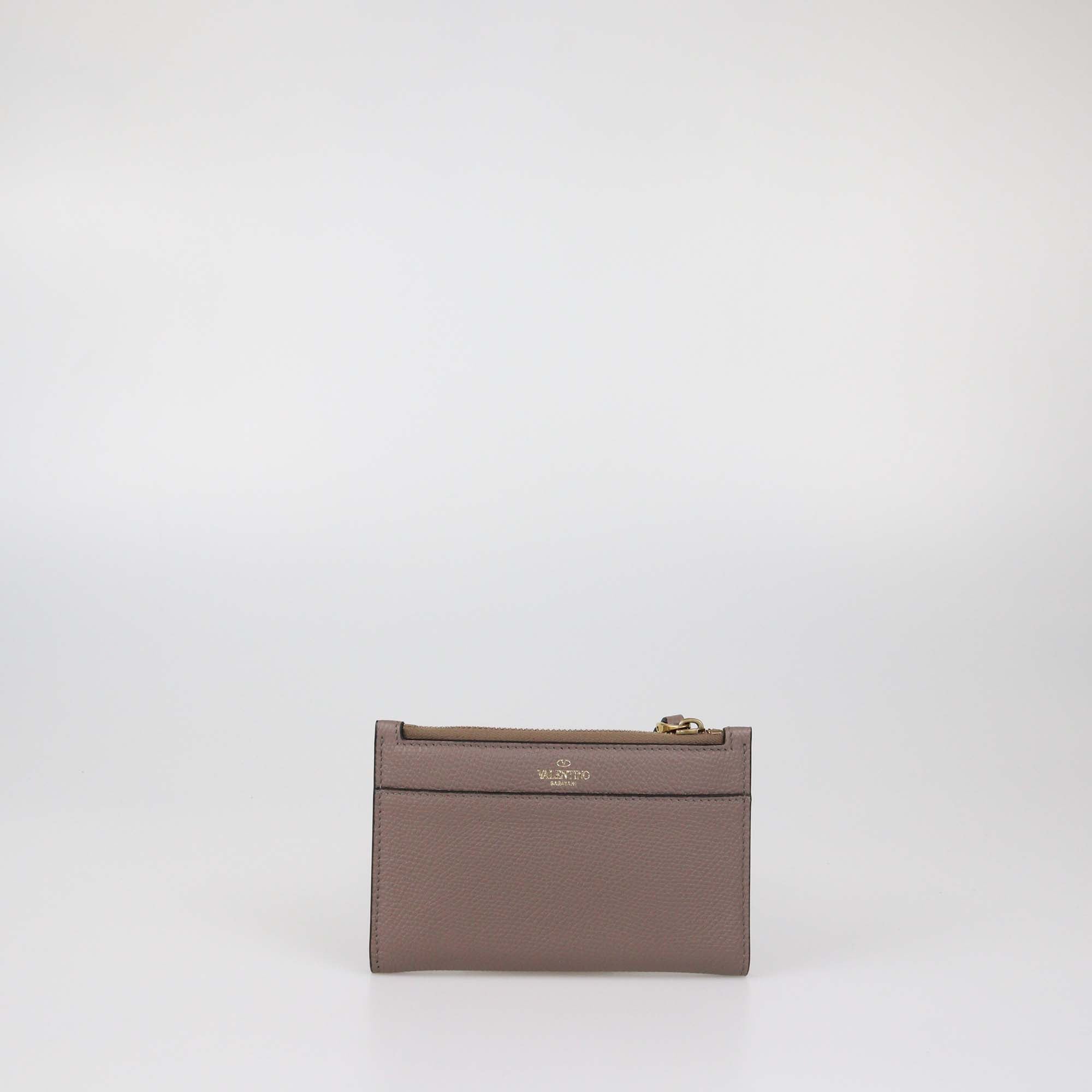 Valentino Dark Beige Leather VLogo Compact Wallet