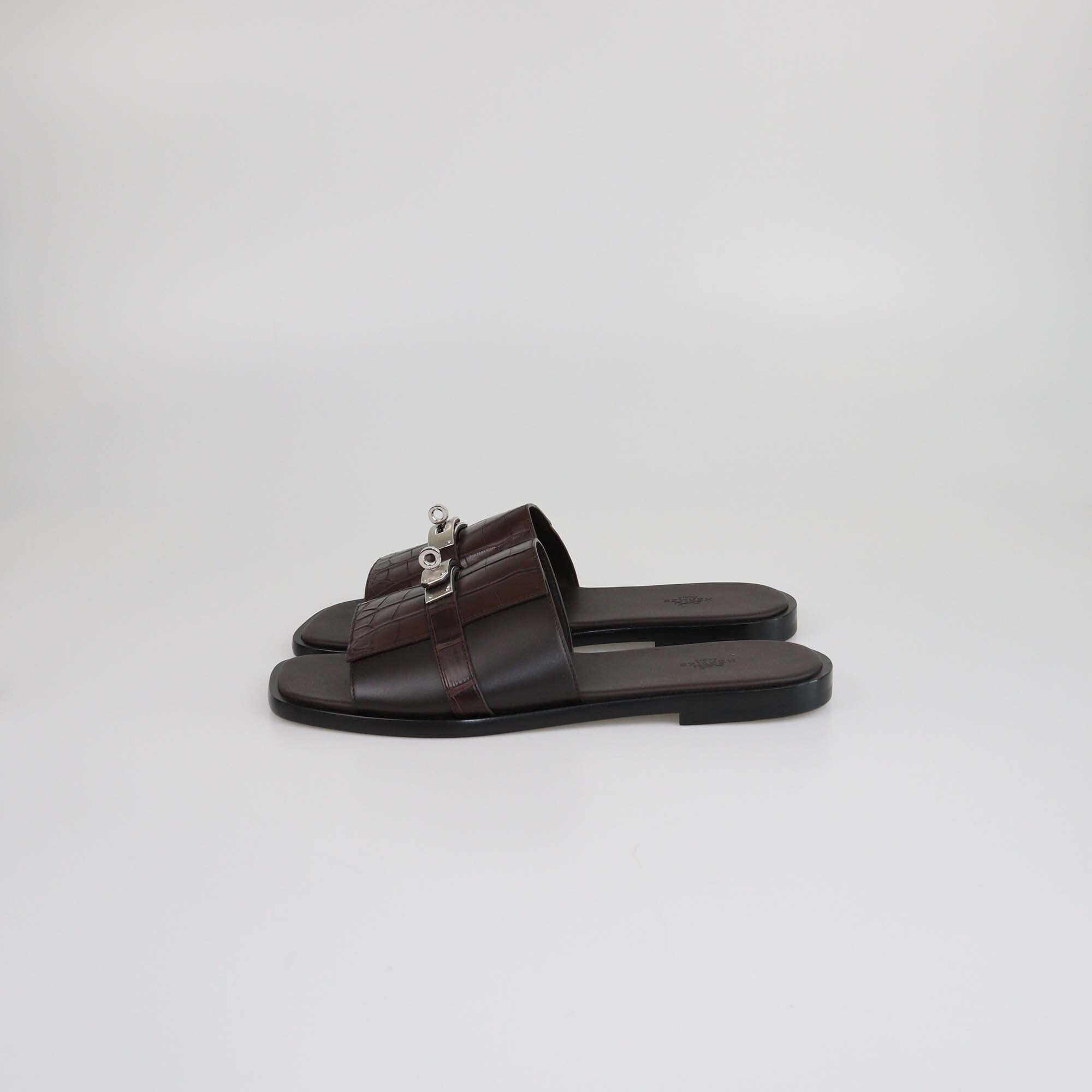 Hermes Dark Brown/Noir Alligator Gabriel Sandals Mens Hermes 