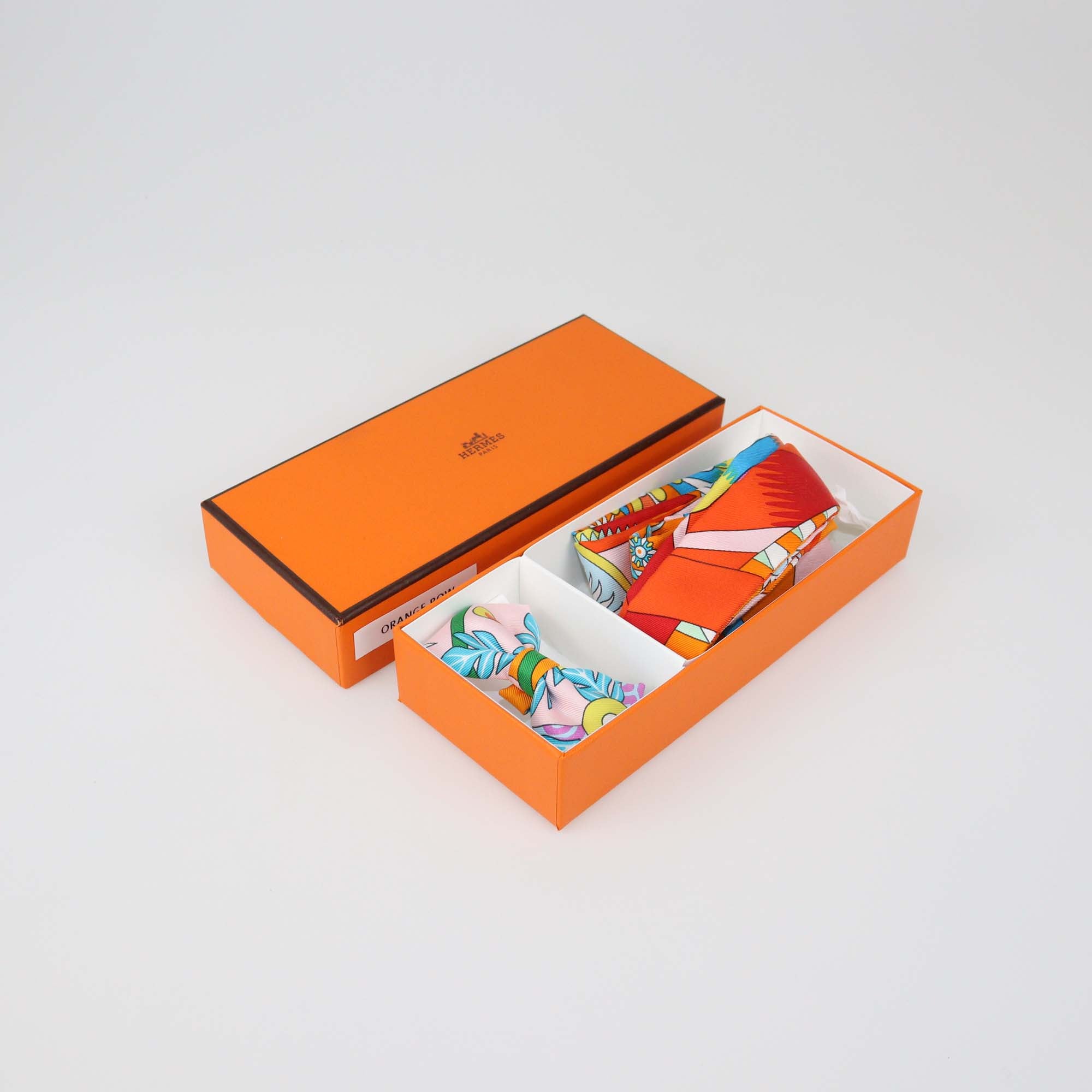 Hermes Orange Multicolor Silk Printed Twillon & Bow Set