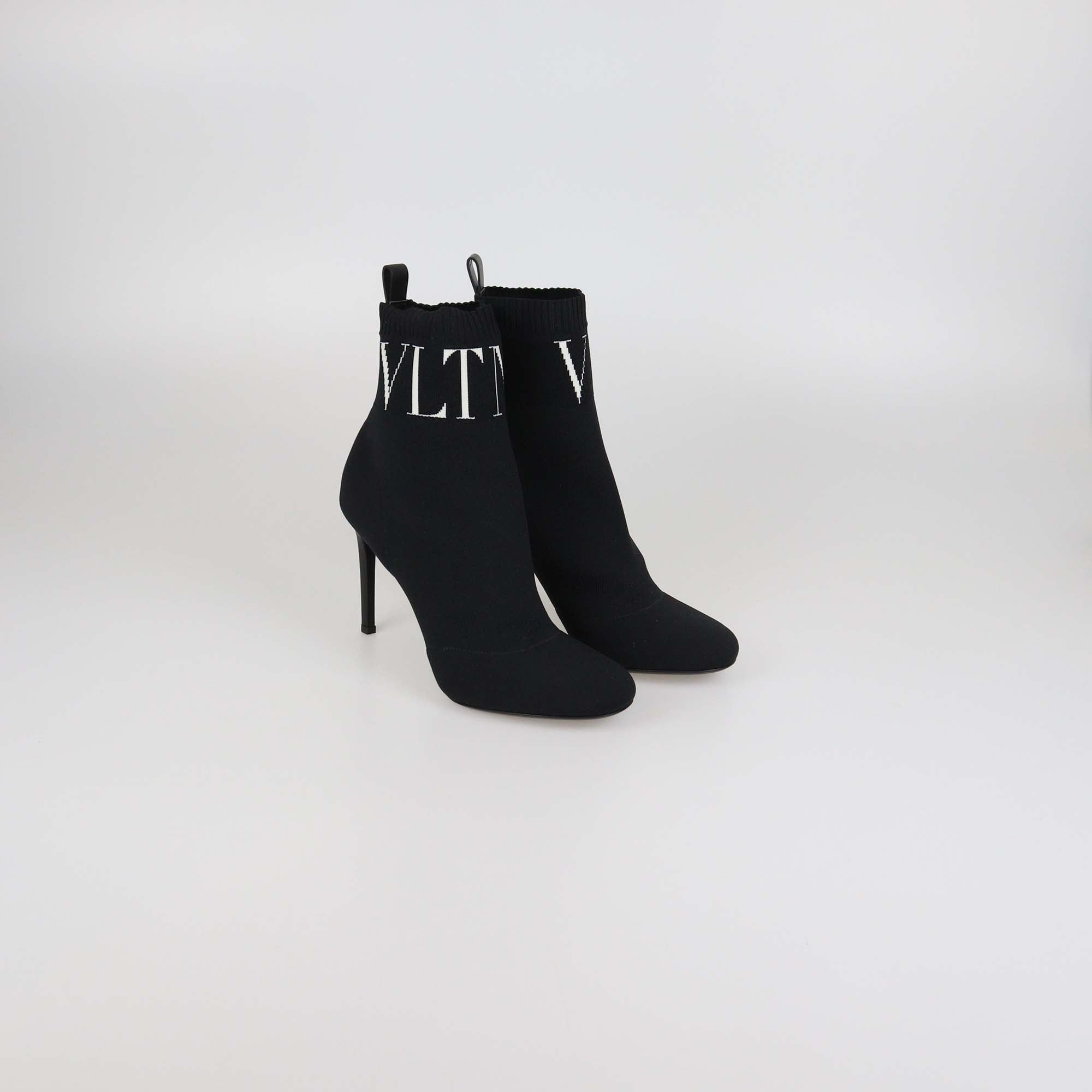 Valentino Black Knit Fabric VLTN Ankle Boots