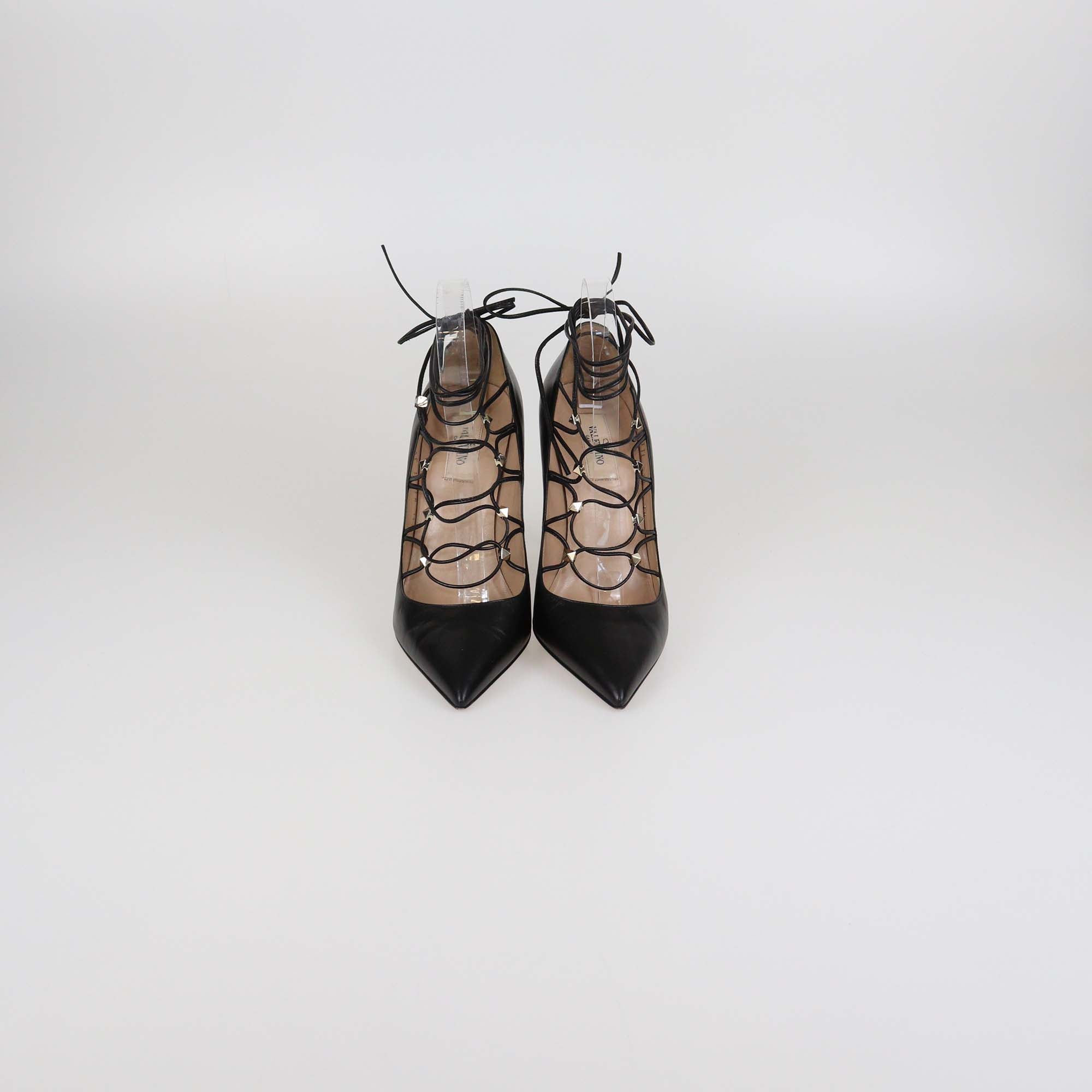 Valentino Black Leather Rockstud Lace Up Pointed Toe Pumps