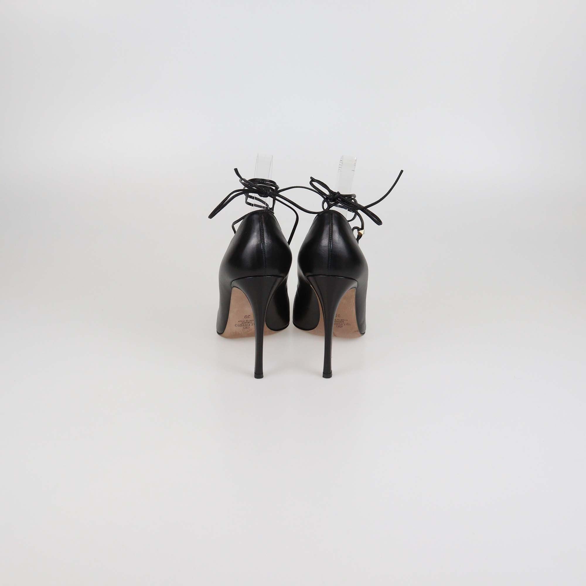 Valentino Black Leather Rockstud Lace Up Pointed Toe Pumps