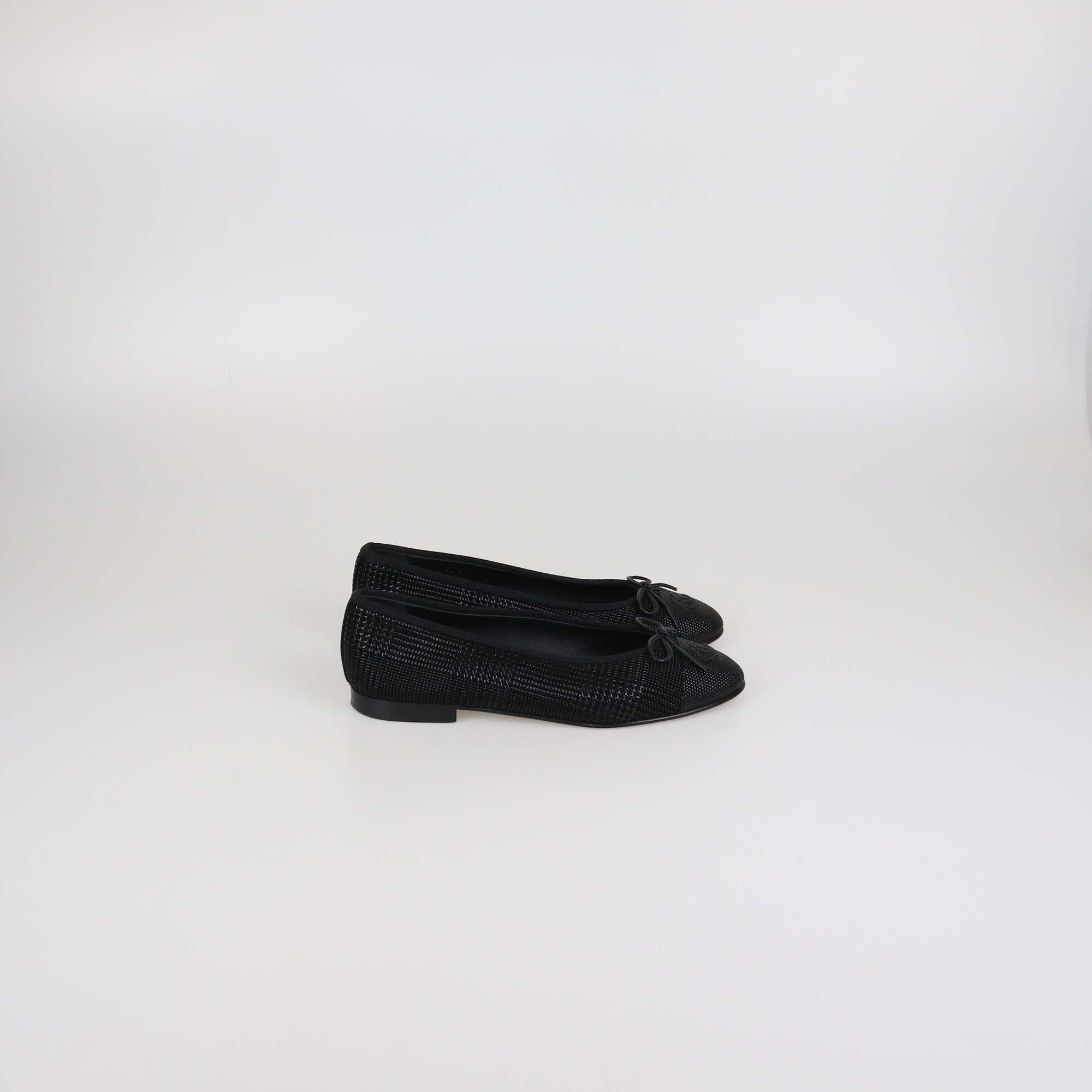 Chanel Black Textured Suede CC Cap Toe Ballet Flats