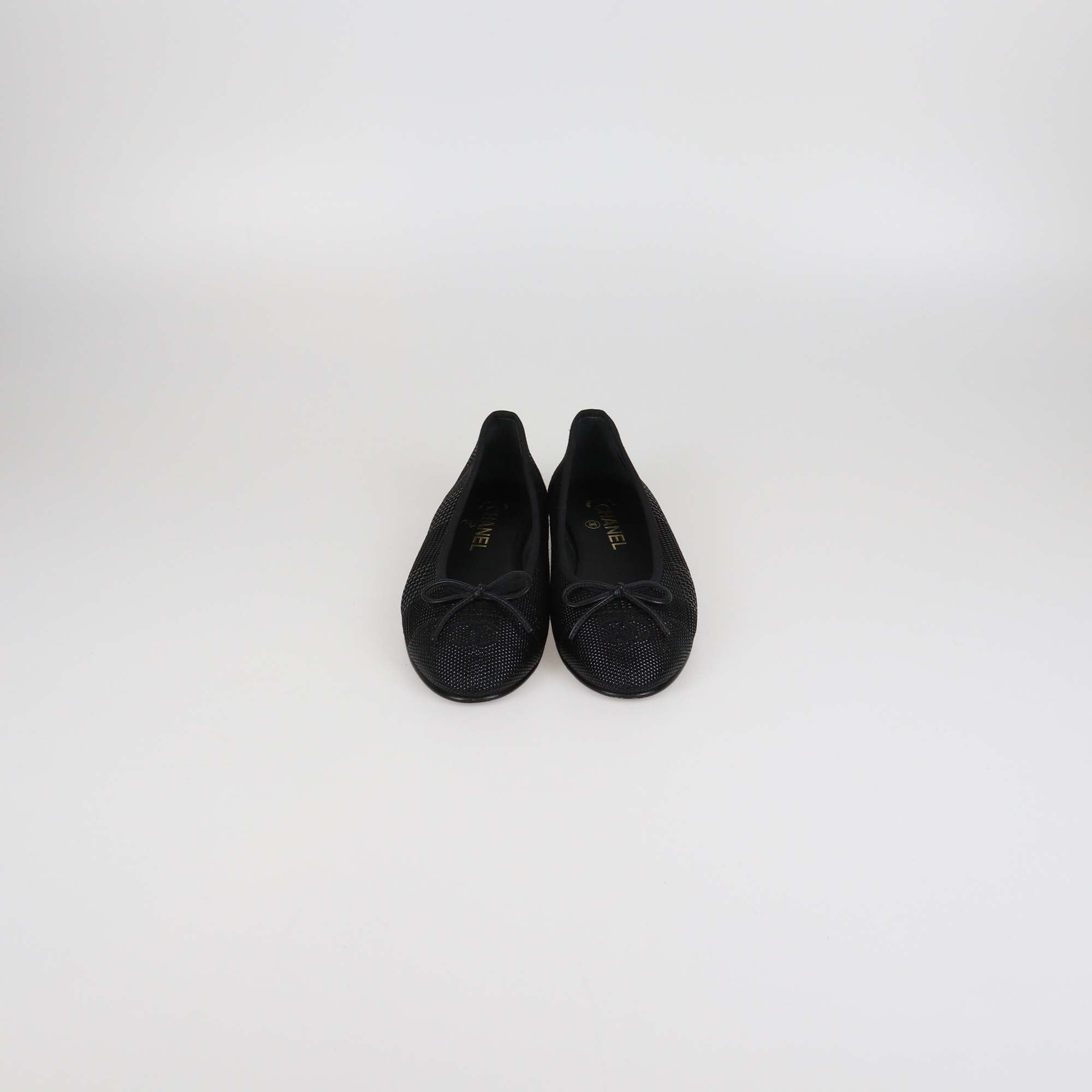 Chanel Black Textured Suede CC Cap Toe Ballet Flats