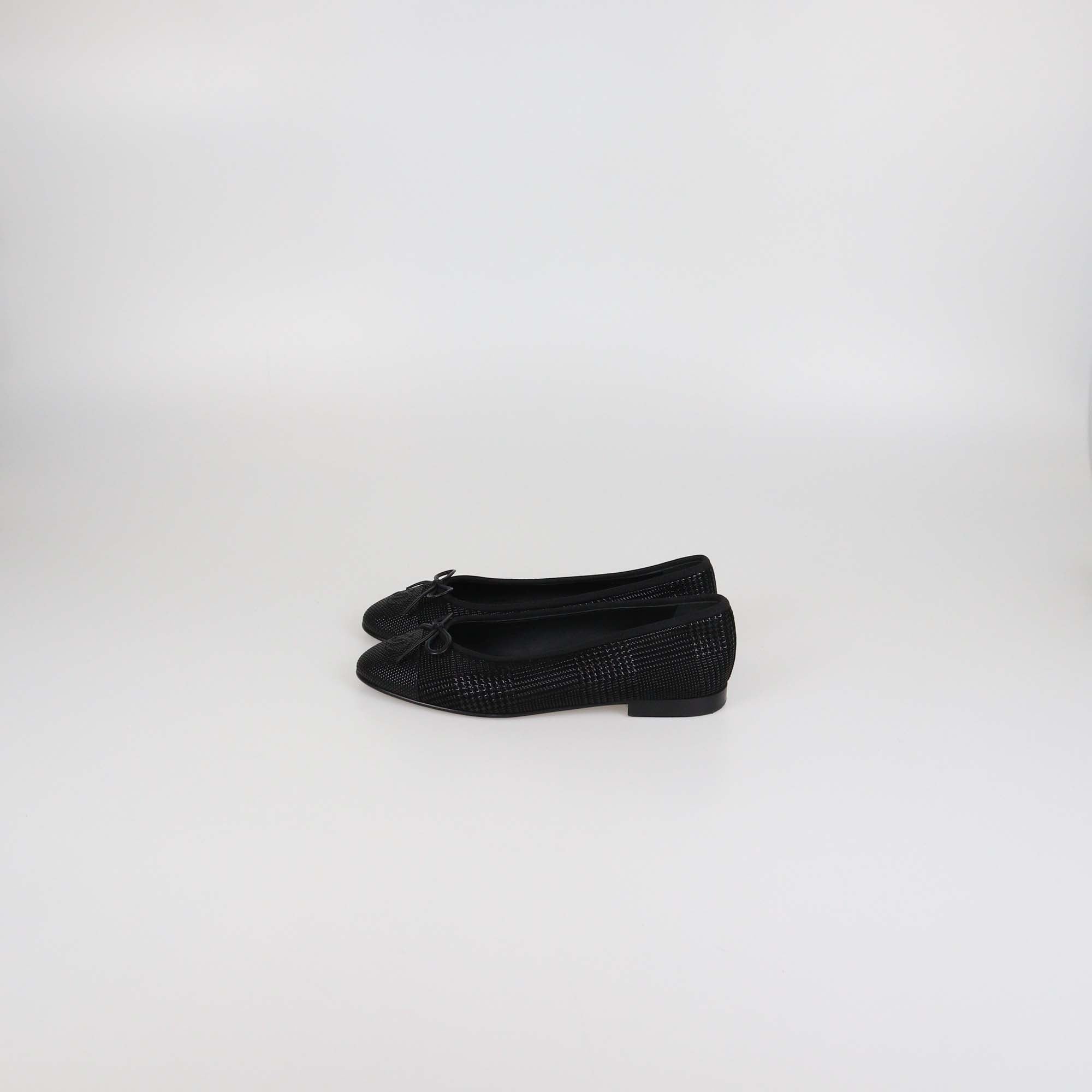 Chanel Black Textured Suede CC Cap Toe Ballet Flats