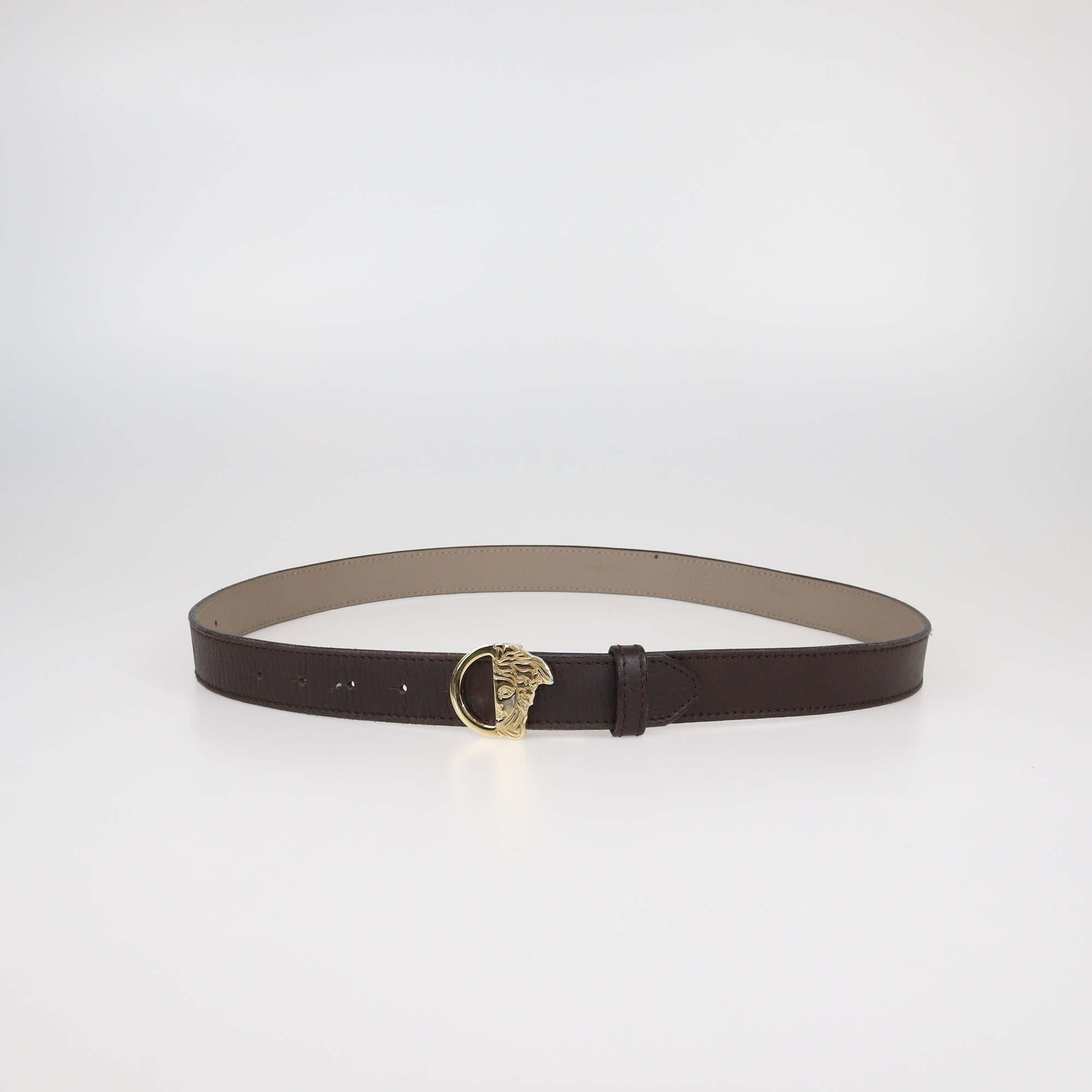 Versace Collection Dark Brown Leather Medusa Buckle Belt
