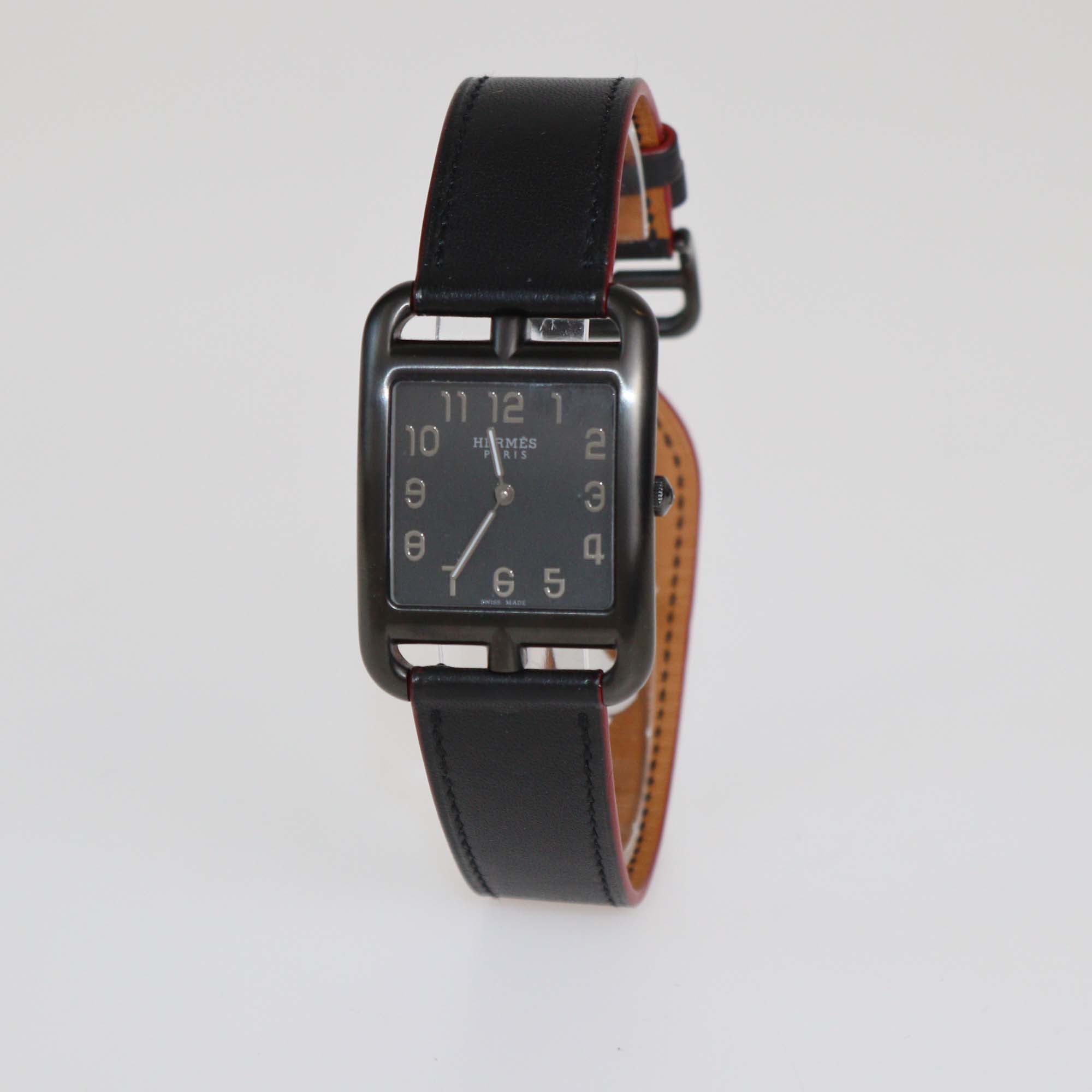 Hermes Black Dial PVD Coated Stainless Steel Calf Leather Cape Code 29 mm Watch