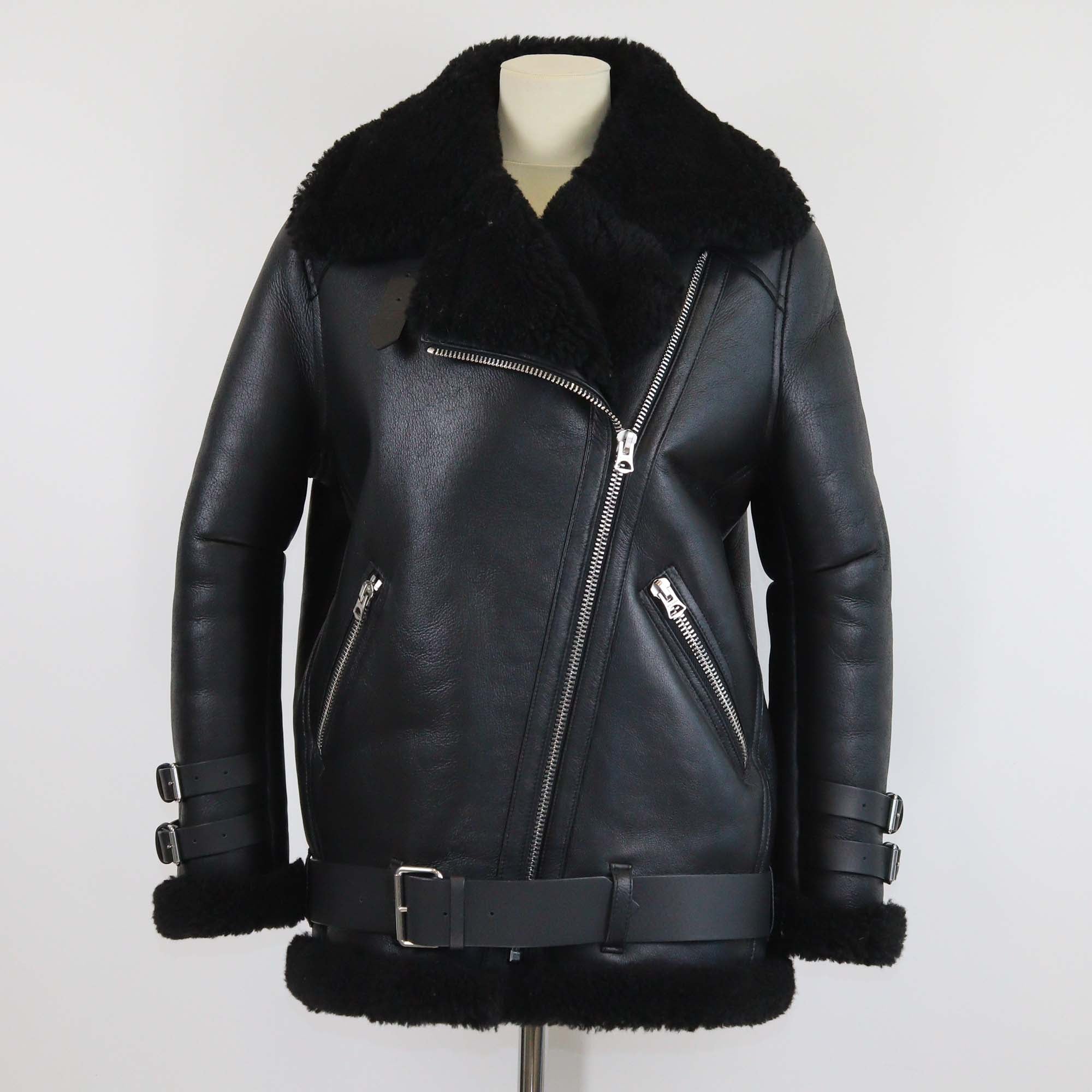 Acne Studio Black Leather Oversized Velocite Shearling Jacket
