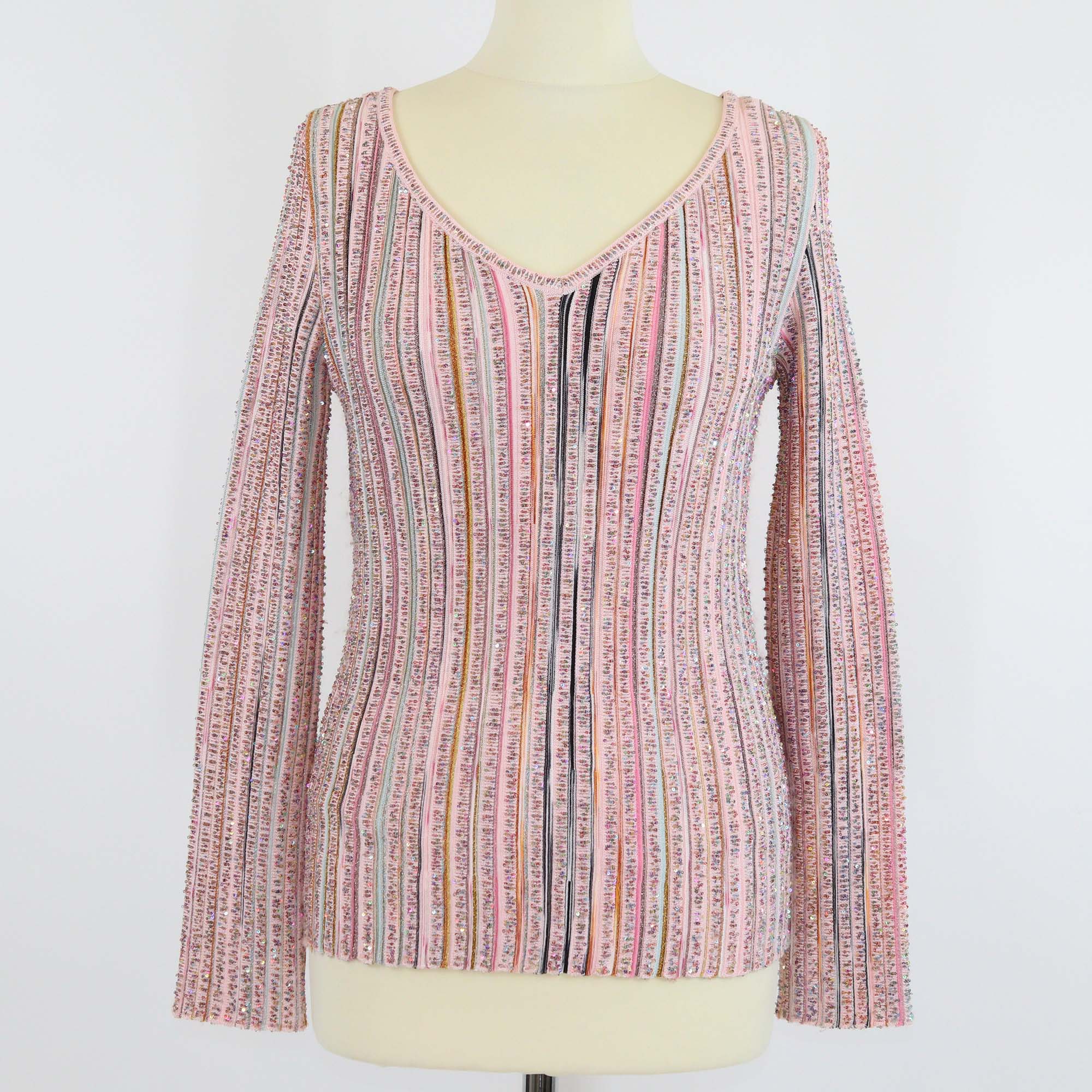 Missoni Light Pink/Multicolor Blend Viscose Sequins V Neck Sweater