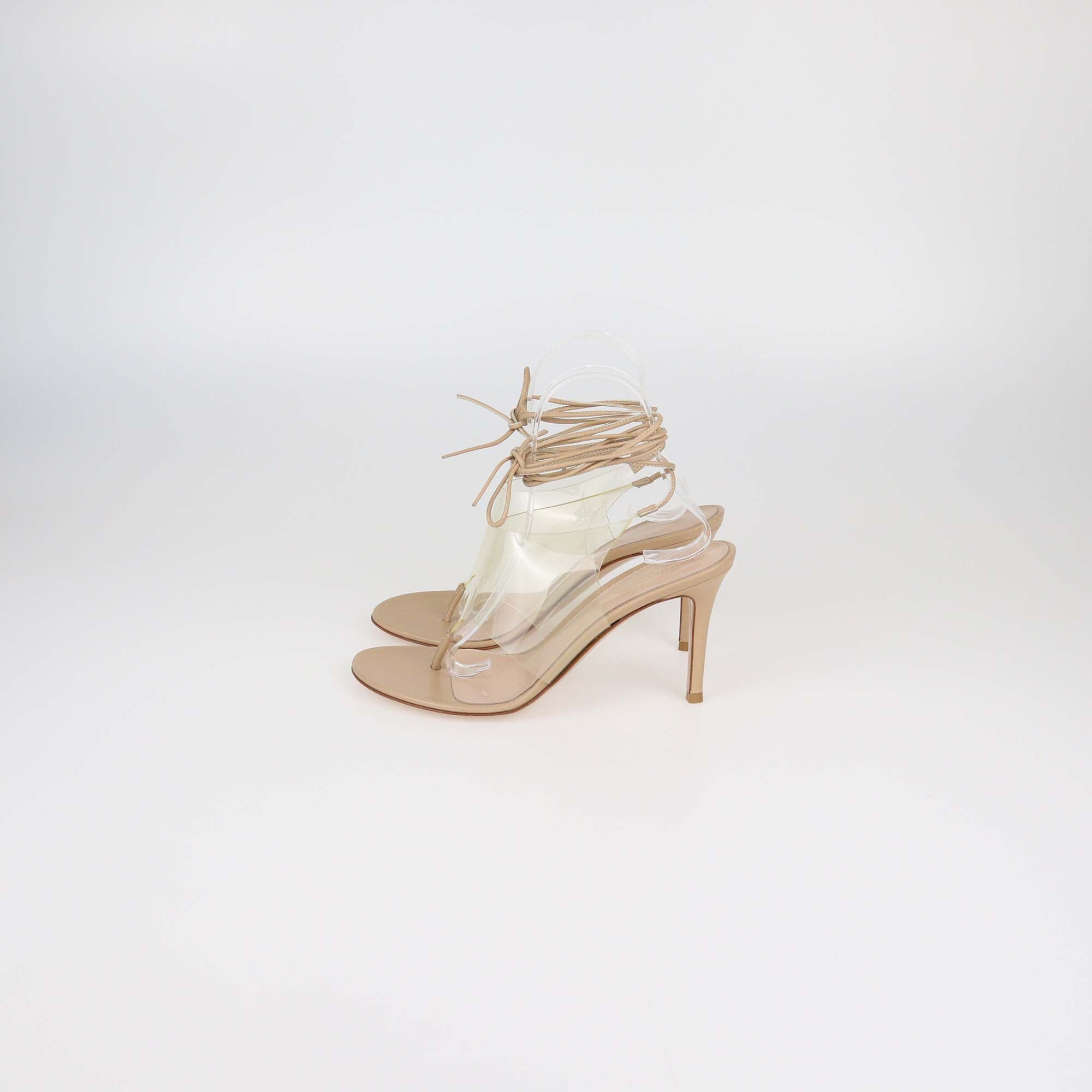 Gianvito Rossi Beige/Clear PVC and Leather Plexi Ankle Wrap Sandals