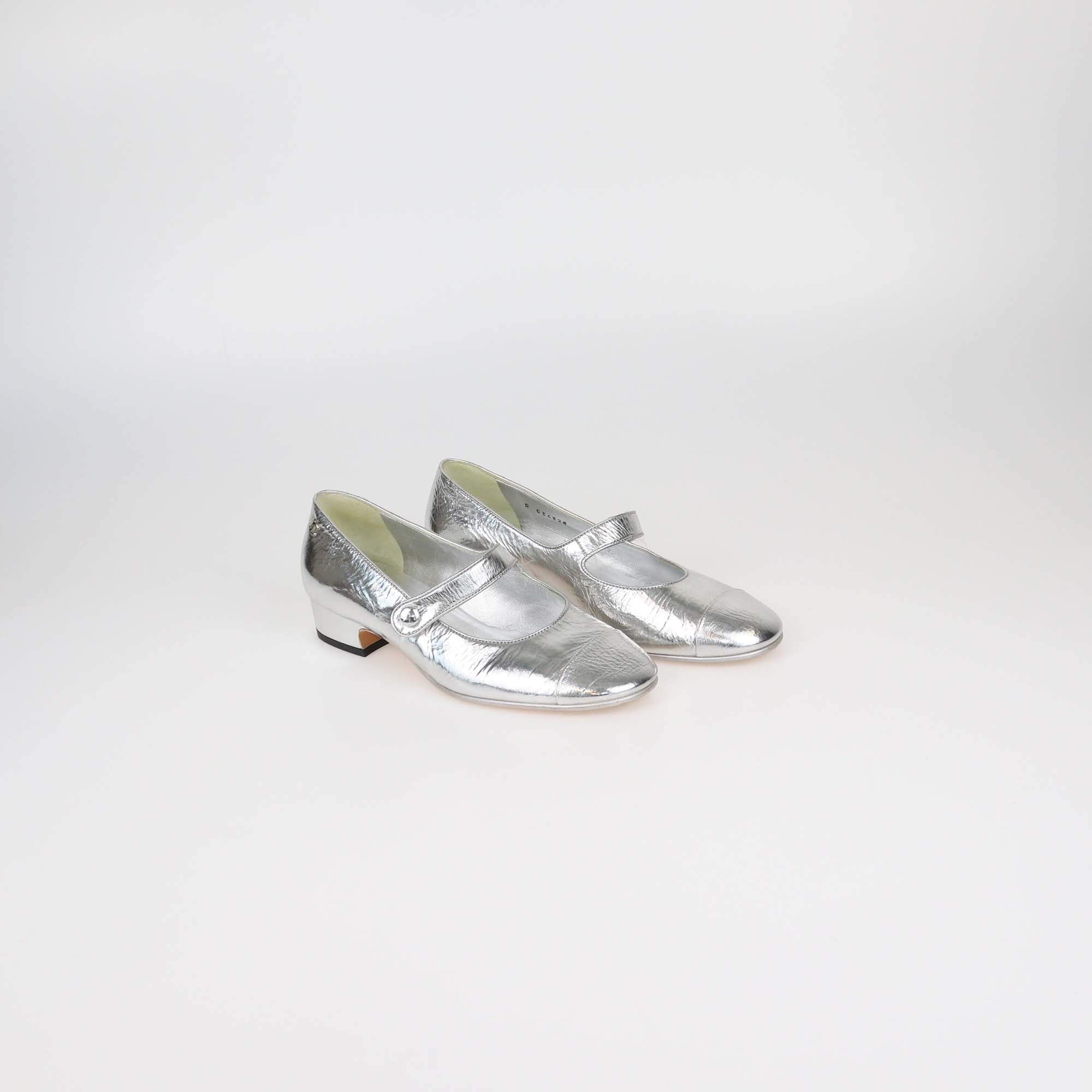 Chanel Silver Leather Mary Jane Cap Toe Pumps