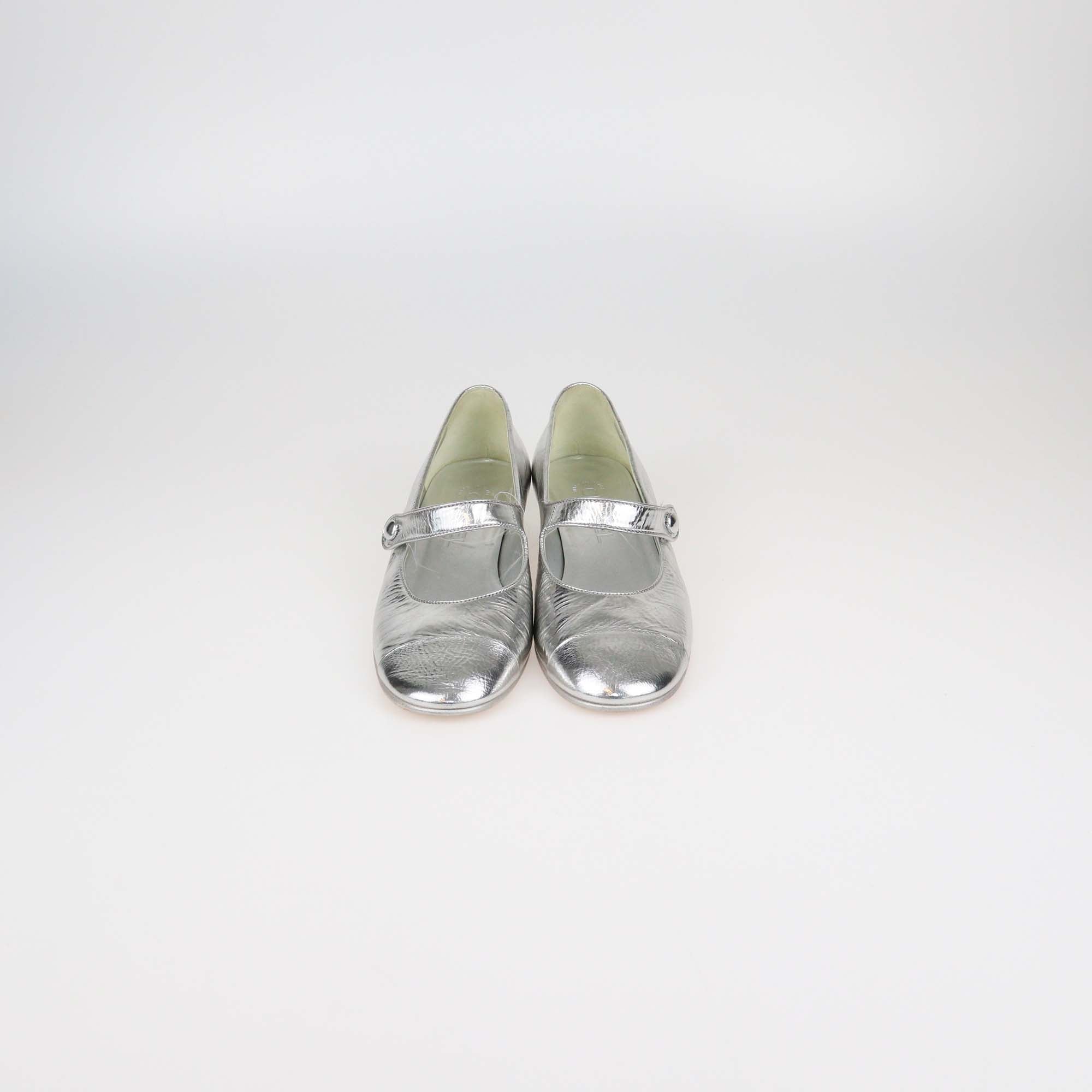 Chanel Silver Leather Mary Jane Cap Toe Pumps
