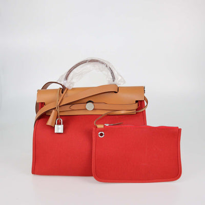 Hermes Rouge Tomate, Natural Canvas and Leather Herbag Sellier Zip 31 Bag