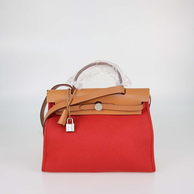 Hermes Rouge Tomate, Natural Canvas and Leather Herbag Sellier Zip 31 Bag