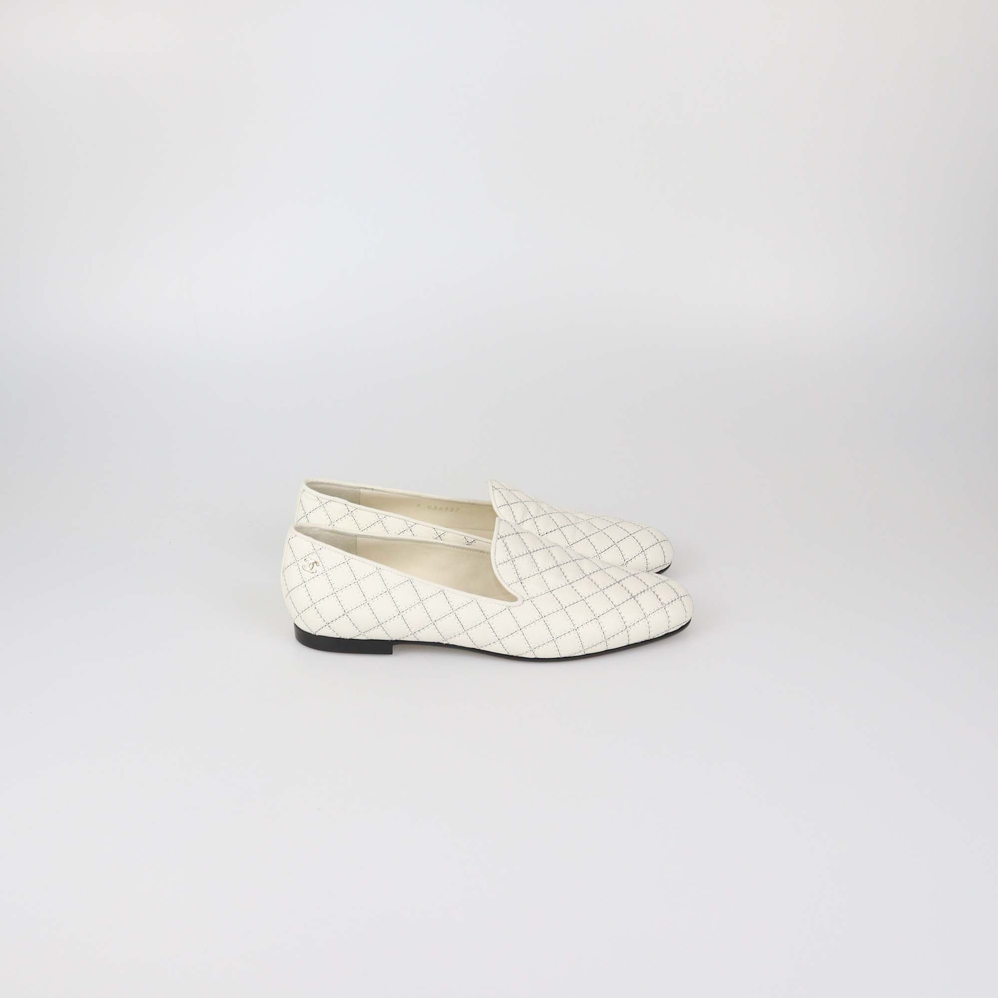 Chanel Off White Quilted Leather Slip On Loafers