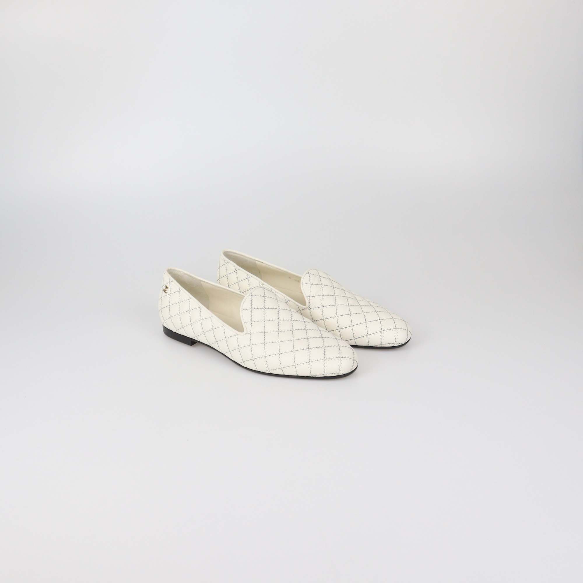 Chanel Off White Quilted Leather Slip On Loafers
