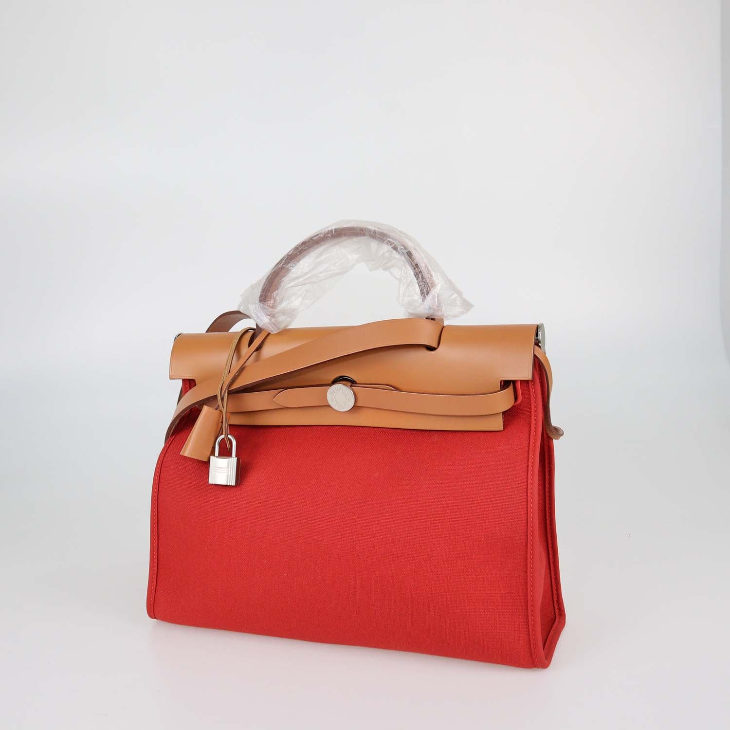 Hermes Rouge Tomate, Natural Canvas and Leather Herbag Sellier Zip 31 Bag