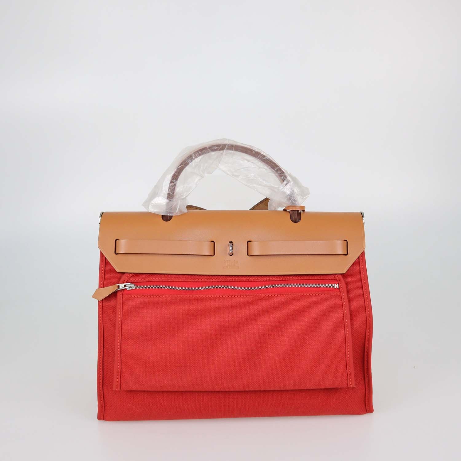 Hermes Rouge Tomate, Natural Canvas and Leather Herbag Sellier Zip 31 Bag