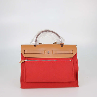 Hermes Rouge Tomate, Natural Canvas and Leather Herbag Sellier Zip 31 Bag