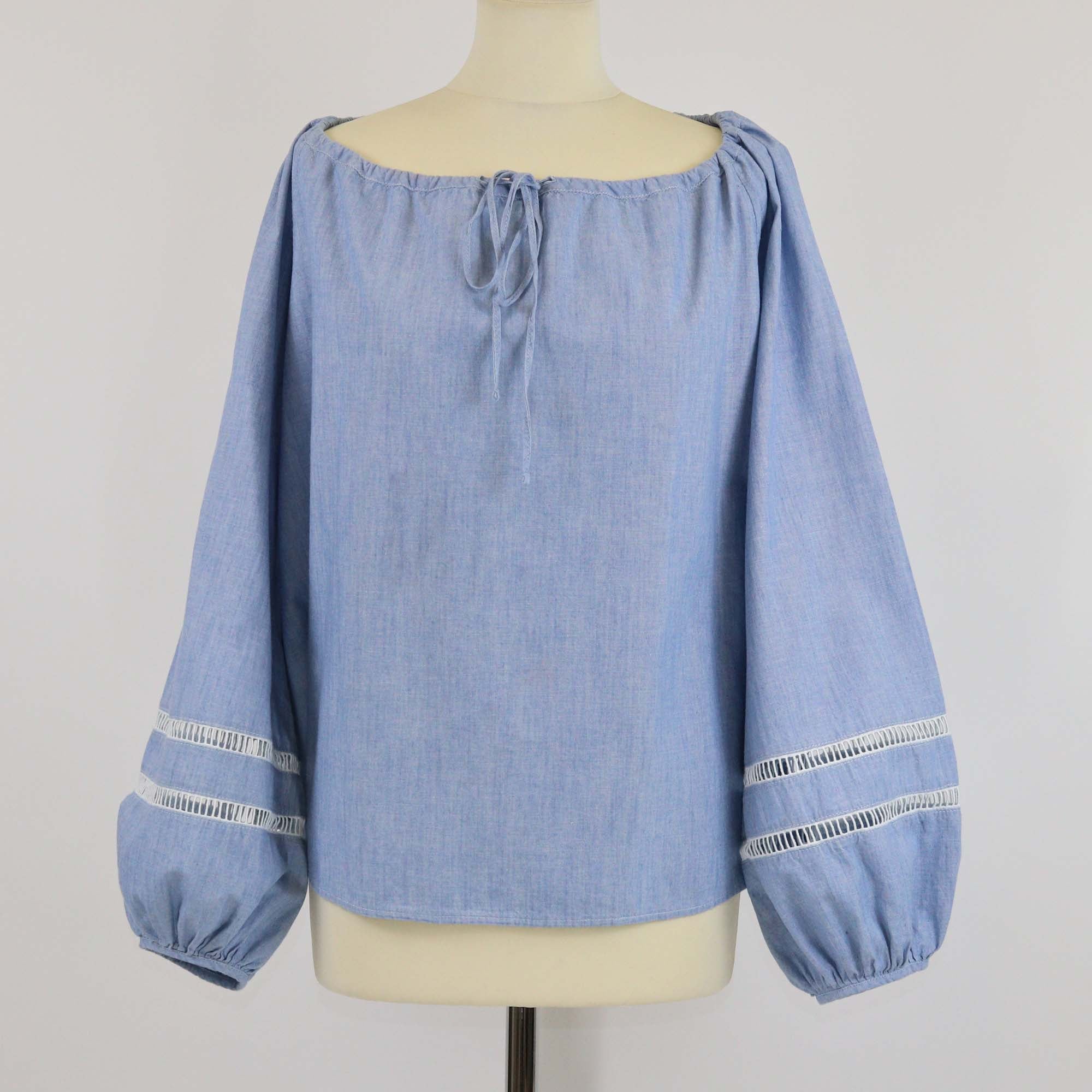 Chloe Washed Blue Cotton Long Sleeve Chambray Blouse