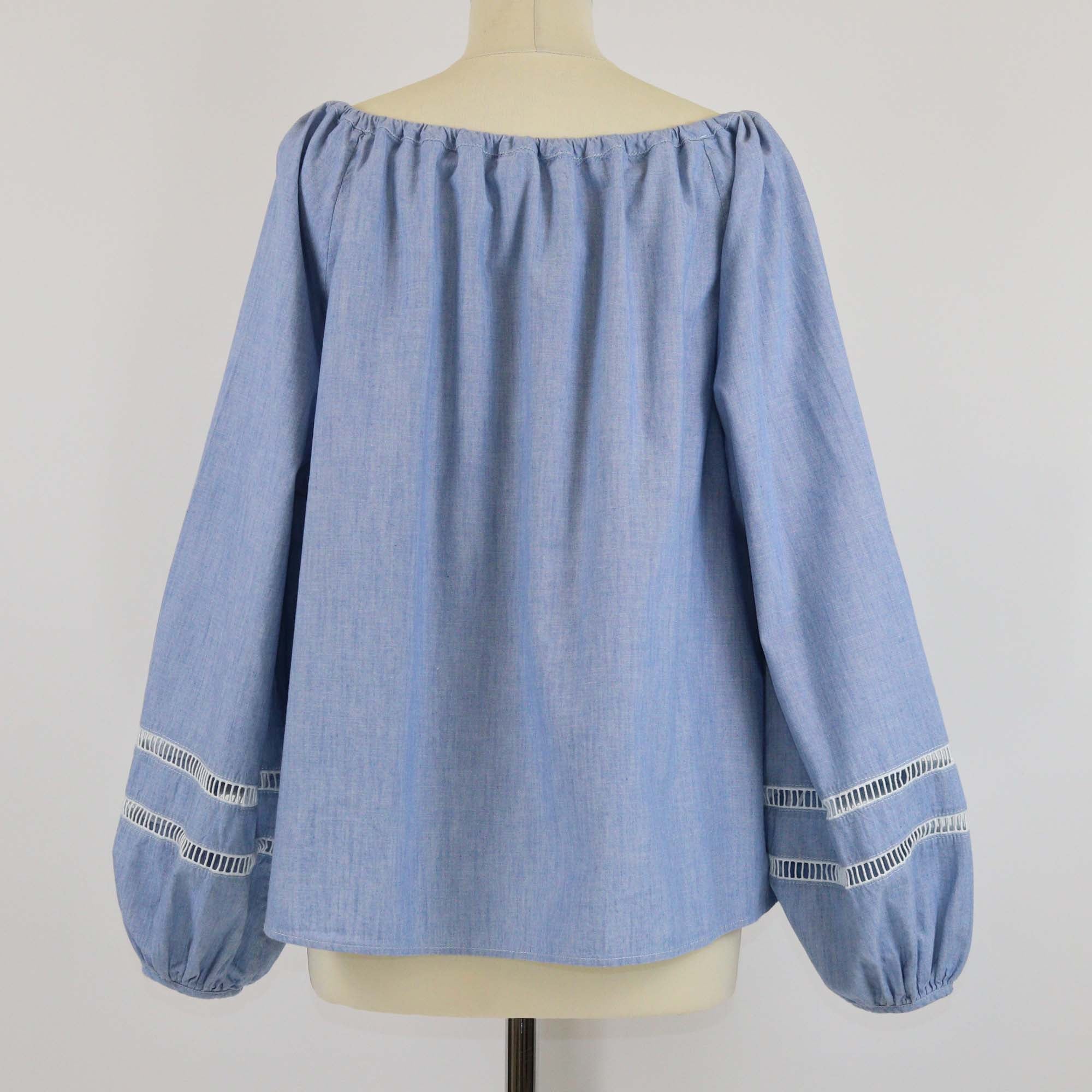 Chloe Washed Blue Cotton Long Sleeve Chambray Blouse