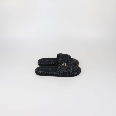 Chanel Black/Grey Braided Fabric CC Flat Slides