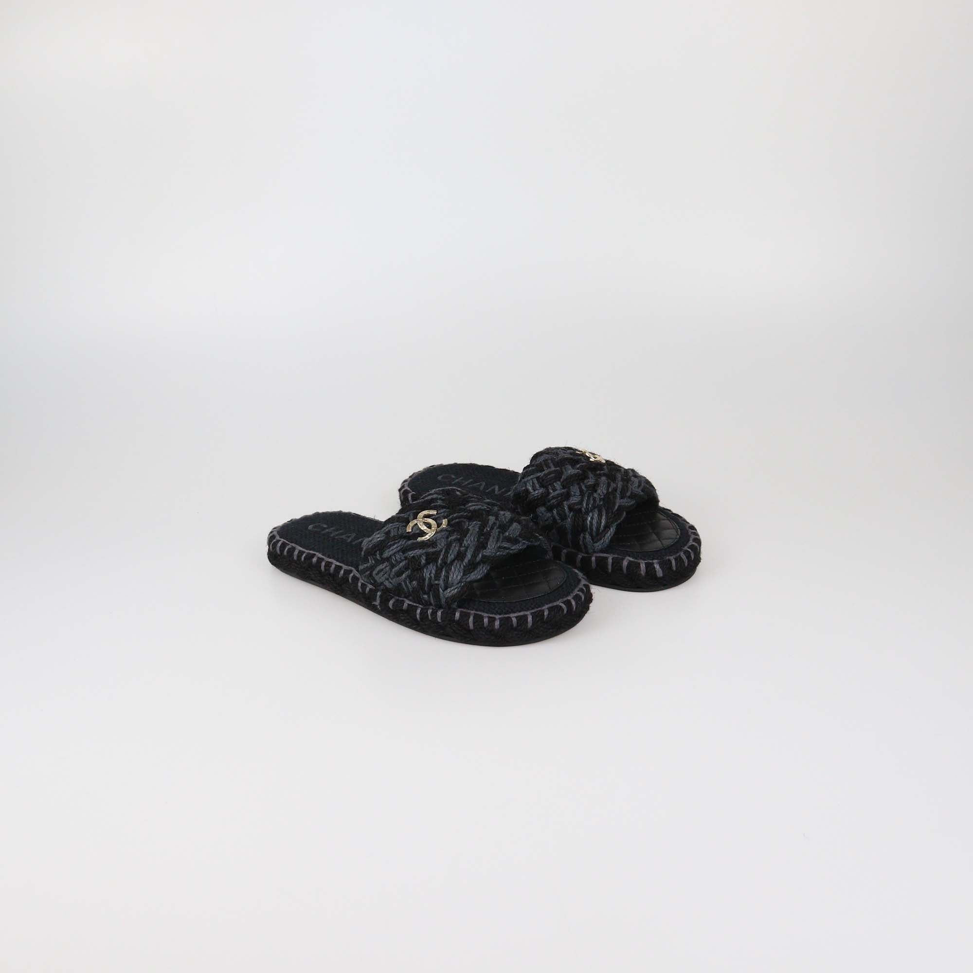 Chanel Black/Grey Braided Fabric CC Flat Slides