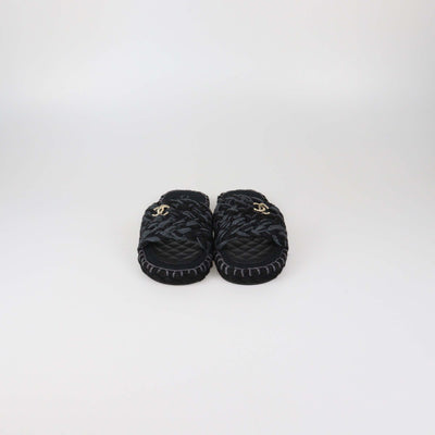 Chanel Black/Grey Braided Fabric CC Flat Slides