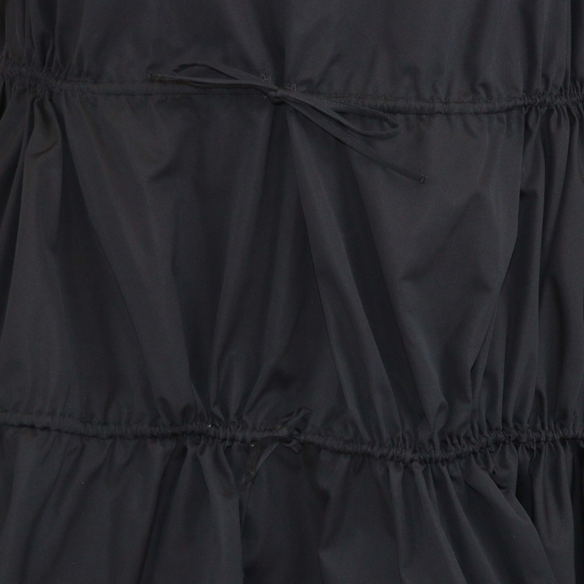 Alaia Black Cotton Three Quarter Sleeve Gathered Drawstring Waist Poplin Dress