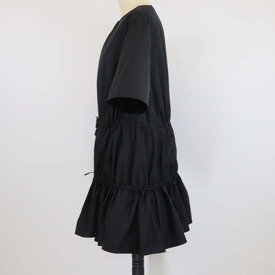 Alaia Black Cotton Three Quarter Sleeve Gathered Drawstring Waist Poplin Dress