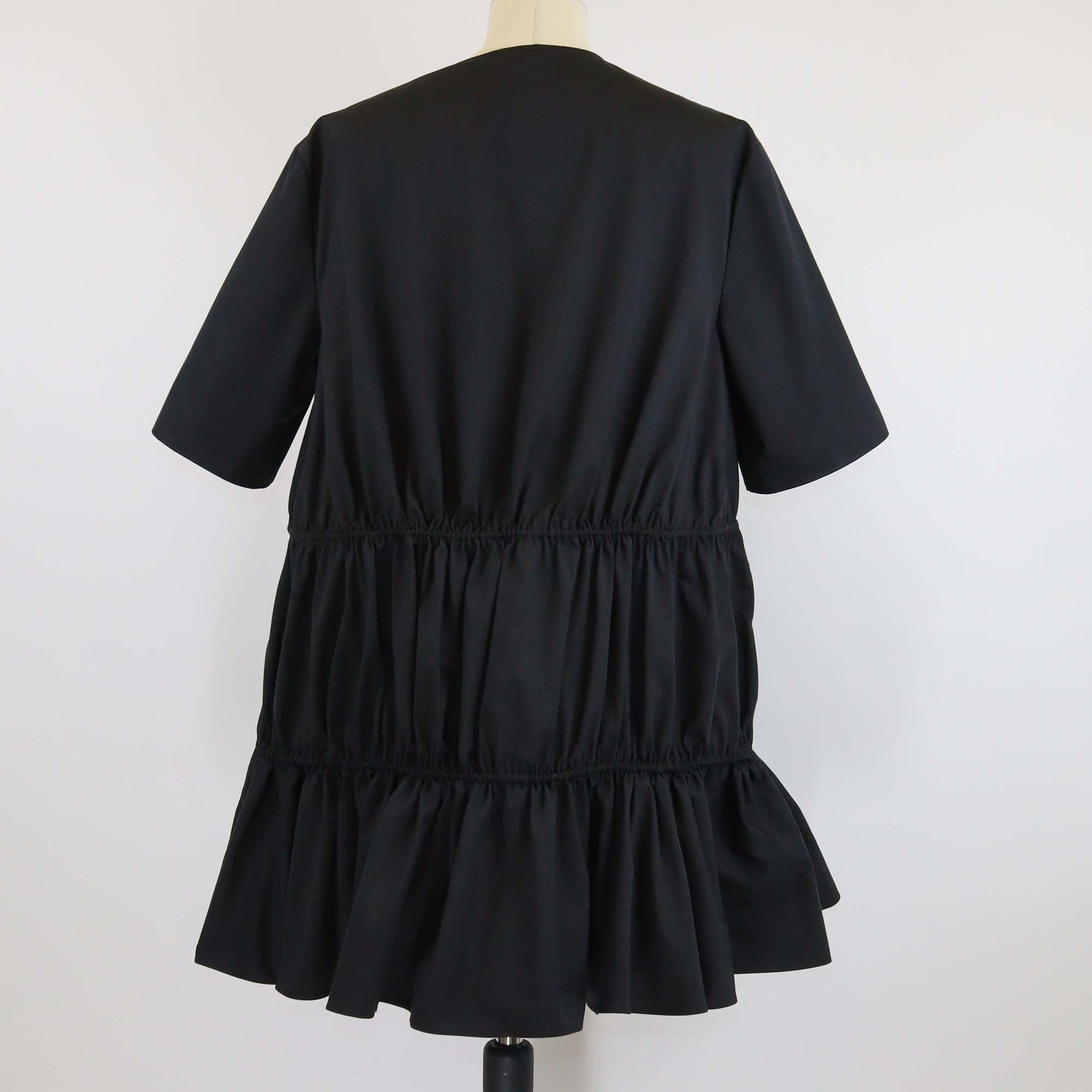 Alaia Black Cotton Three Quarter Sleeve Gathered Drawstring Waist Poplin Dress