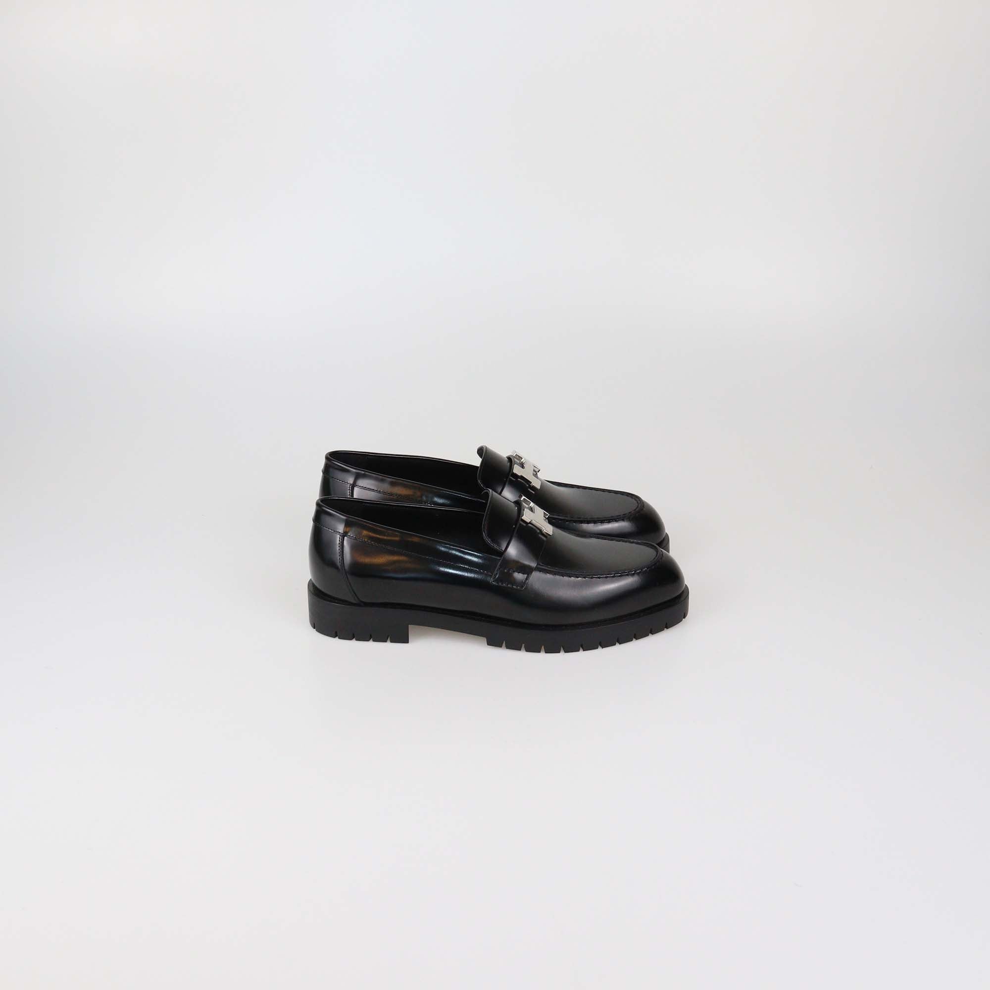 Hermes Black Glazed Leather Faubourg Loafers