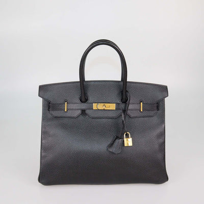 Hermes Black Clemence Leather Gold Hardware Birkin 35 Bag