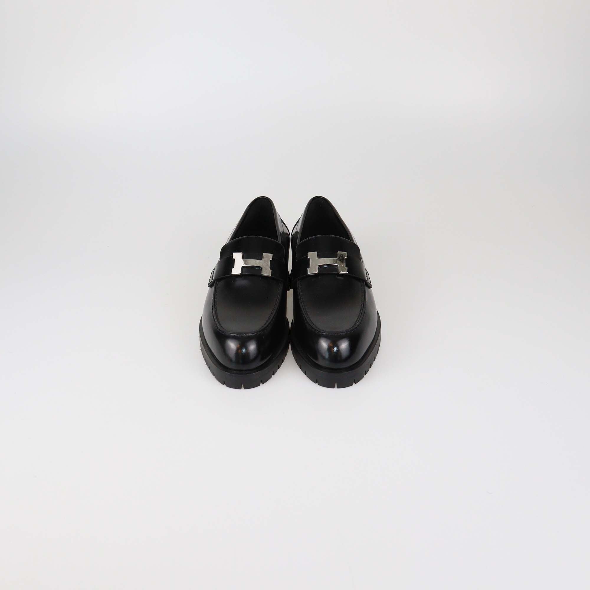 Hermes Black Glazed Leather Faubourg Loafers