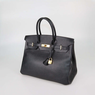 Hermes Black Clemence Leather Gold Hardware Birkin 35 Bag
