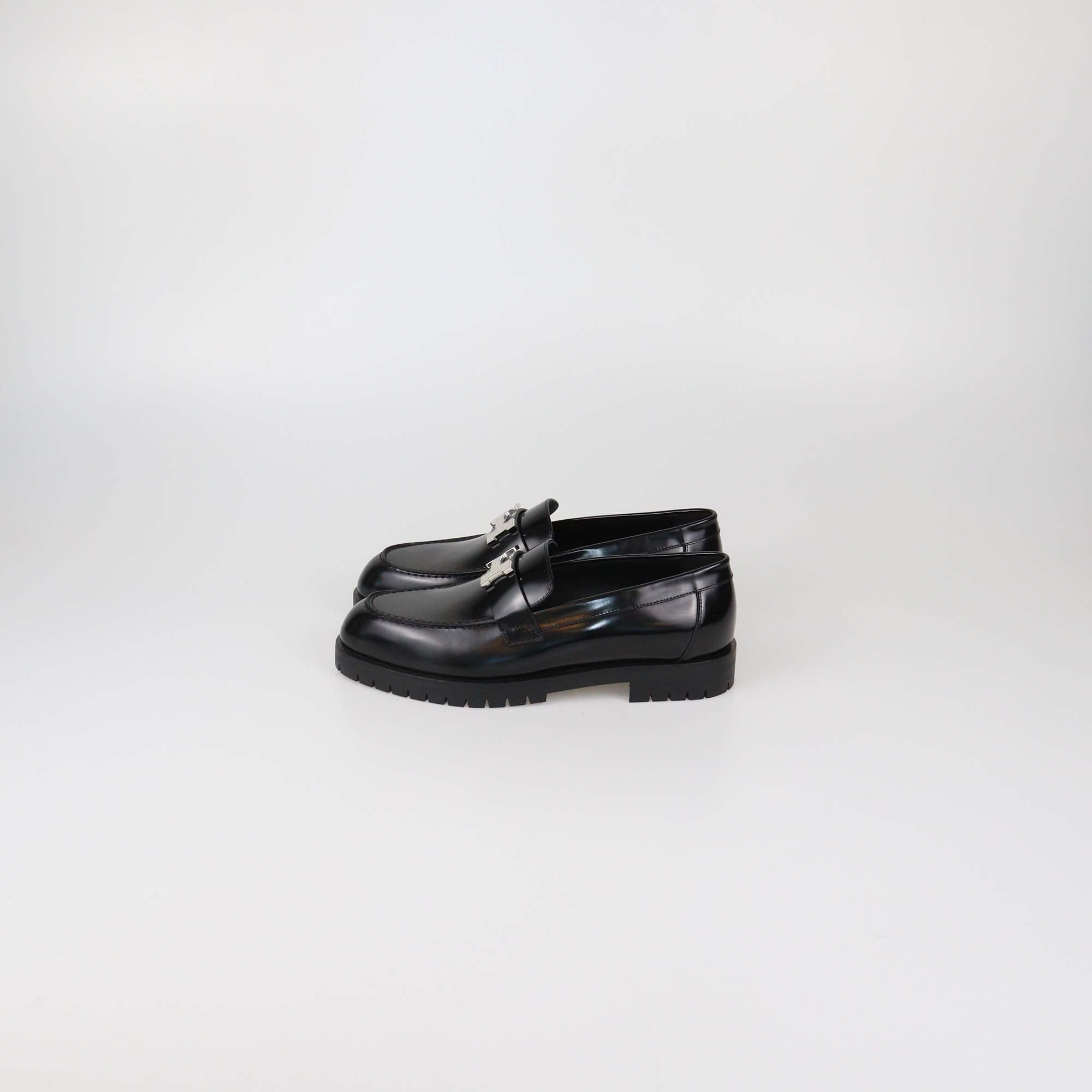 Hermes Black Glazed Leather Faubourg Loafers