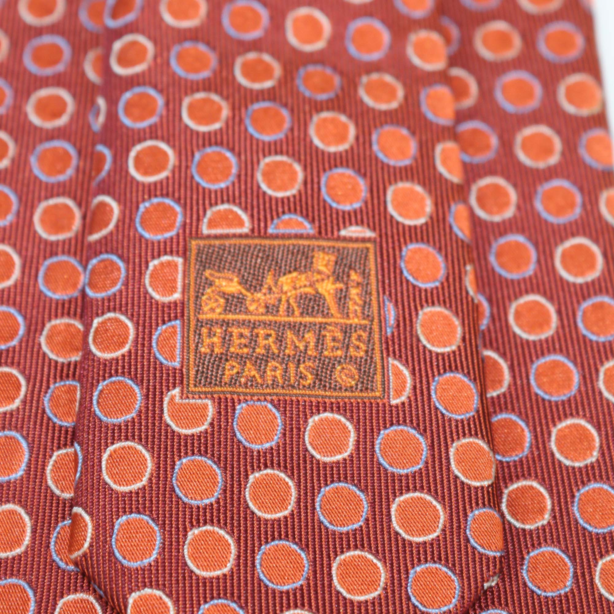 Hermes Orange Silk Polka Dots Print Tie