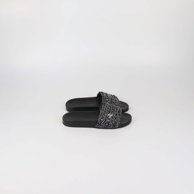 Chanel Black Tweed Multi Chain & Beaded Detail Slide Sandals