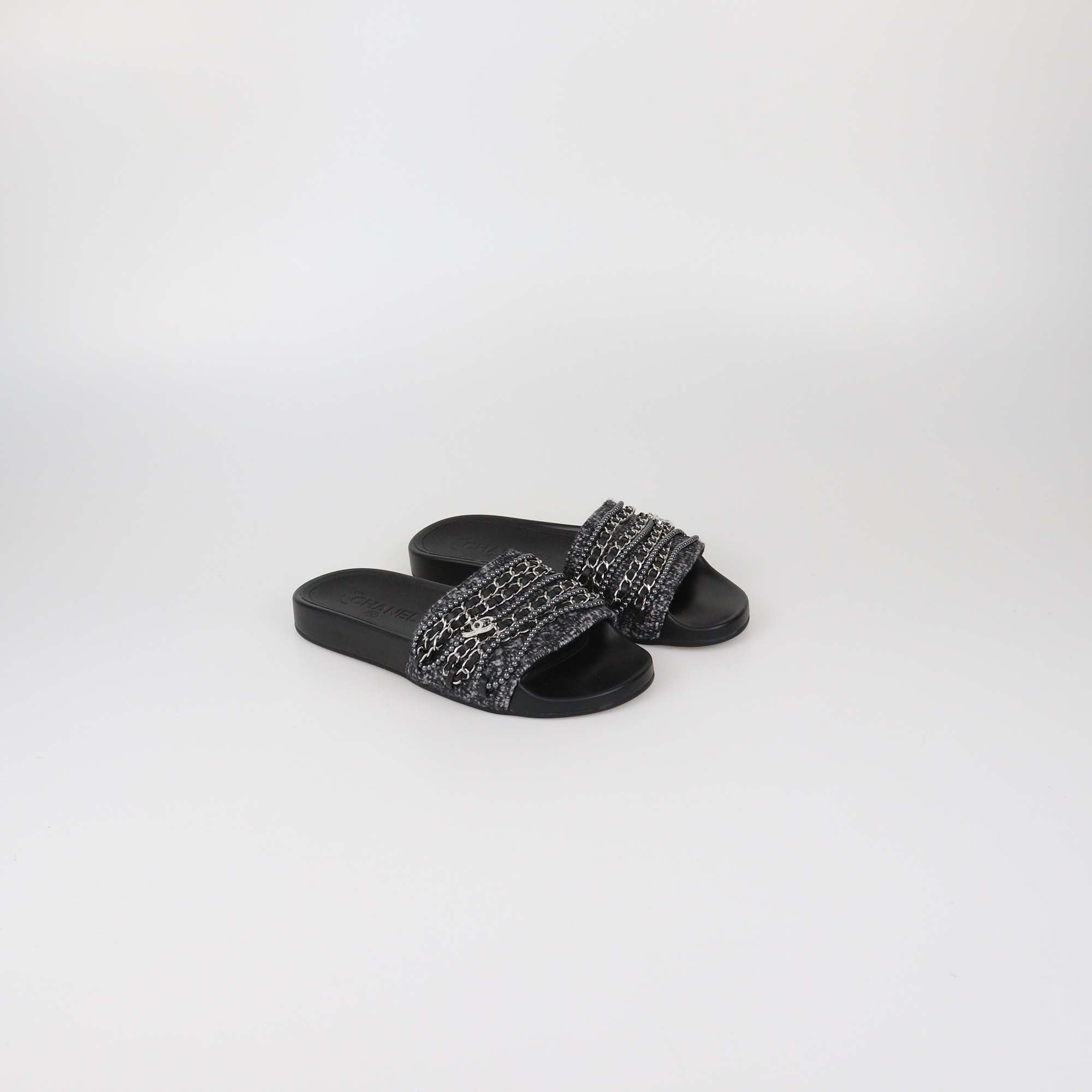 Chanel Black Tweed Multi Chain & Beaded Detail Slide Sandals