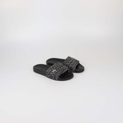 Chanel Black Tweed Multi Chain & Beaded Detail Slide Sandals