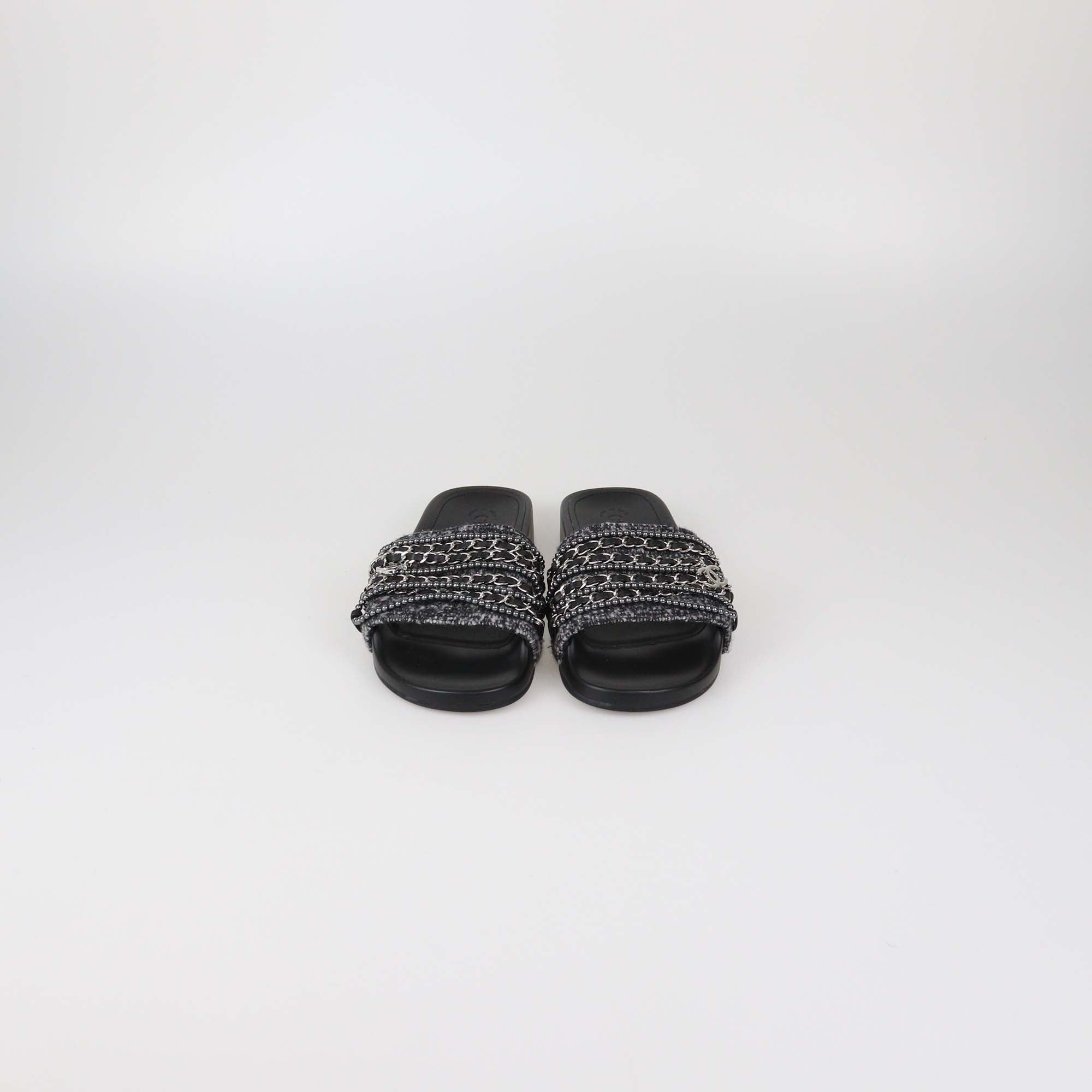Chanel Black Tweed Multi Chain & Beaded Detail Slide Sandals
