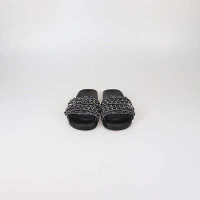 Chanel Black Tweed Multi Chain & Beaded Detail Slide Sandals