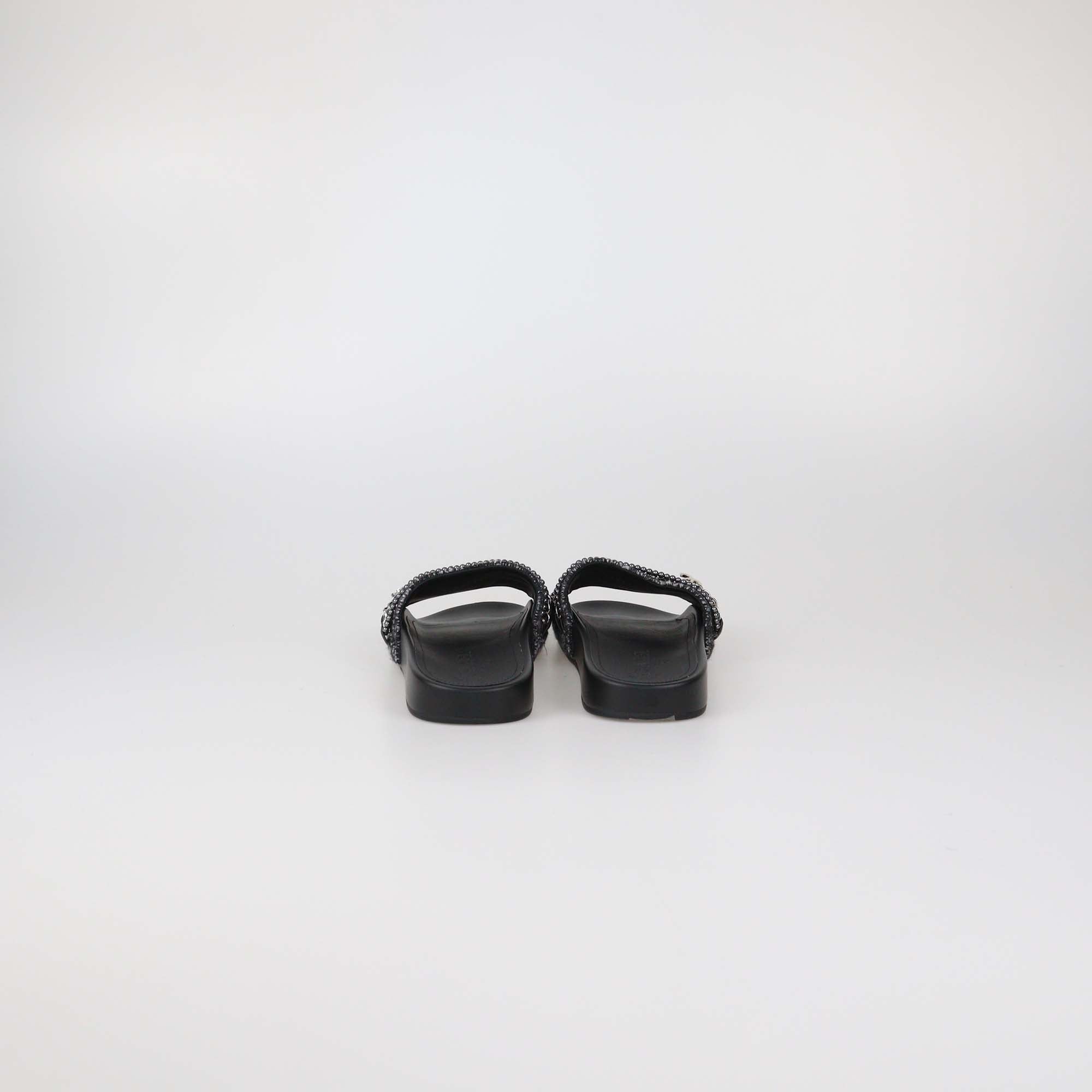 Chanel Black Tweed Multi Chain & Beaded Detail Slide Sandals