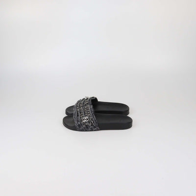 Chanel Black Tweed Multi Chain & Beaded Detail Slide Sandals